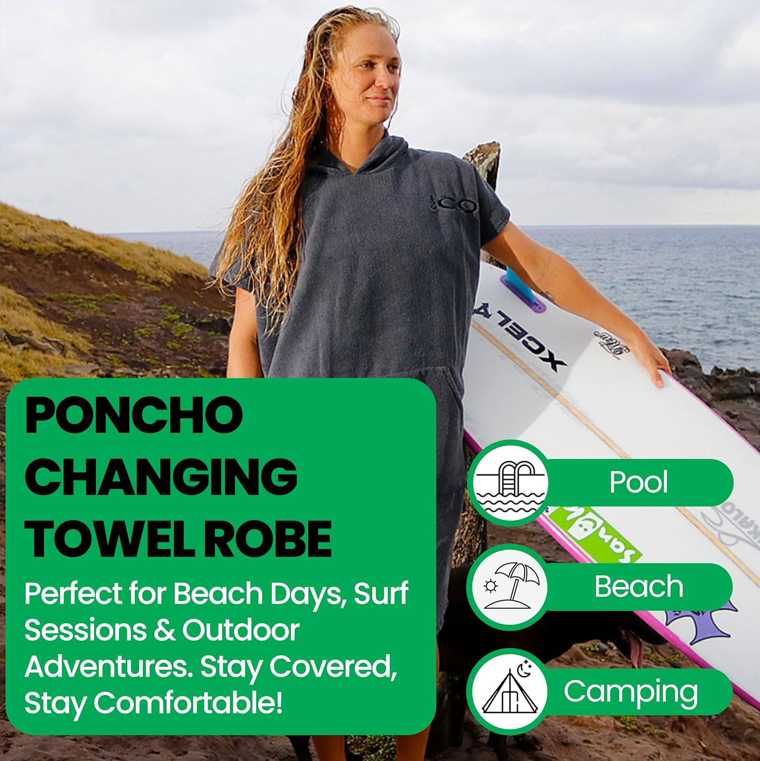 COR Surf Poncho Changing Towel Robe with Hood and Front Pocket | Thick Quick Dry Microfiber Towel - Image 2