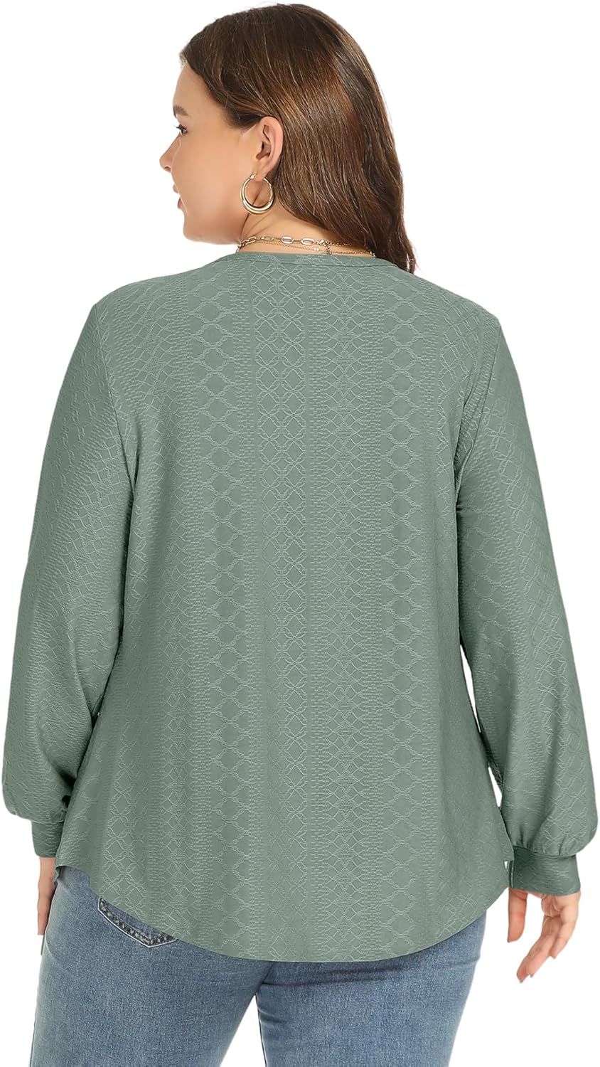 TFSDOD Women Plus Size Tops Long Sleeve Shirts V Neck Pleated Keyhole Blouse Loose Work Tunic Tee 1X-5X - Image 3