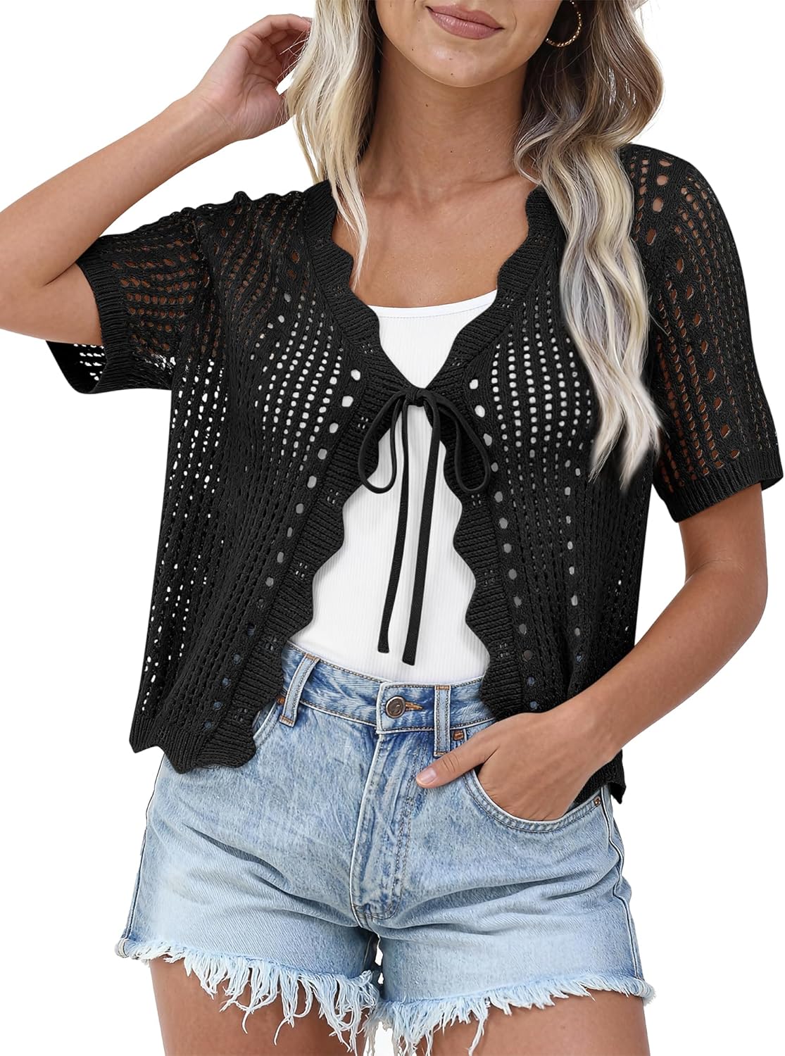 Women Bolero Shrug Casual Short Sleeve Cropped Sweater Cardigan Summer Beach Knit Tie Front Crochet Tops