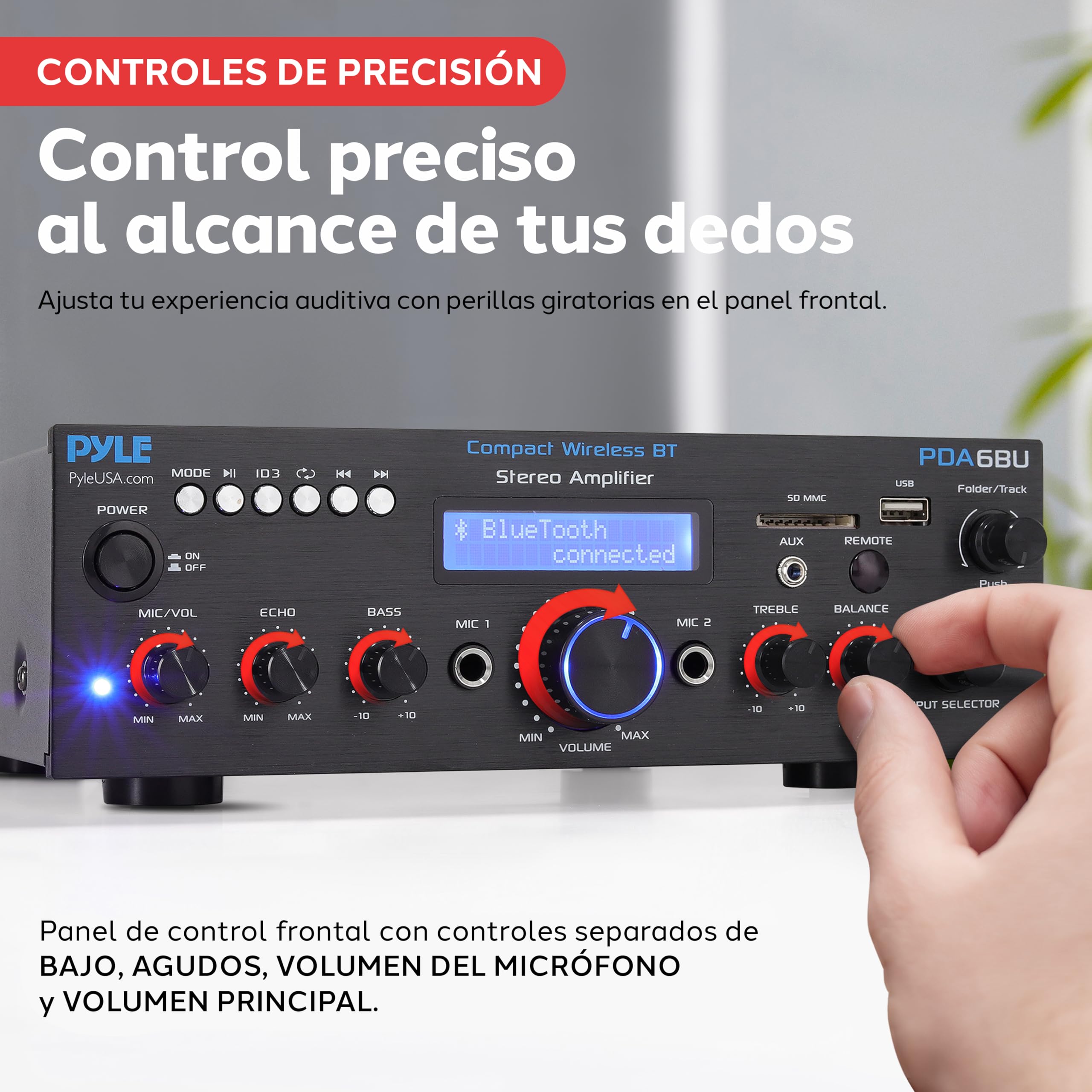 Pyle Sistema Amplificador de Potencia de Audio,200V, Inalambrico, Estereo, USB, SD, AUX, Entrada de Microfono para Karaoke, Radio, Pantalla LCD, RCA