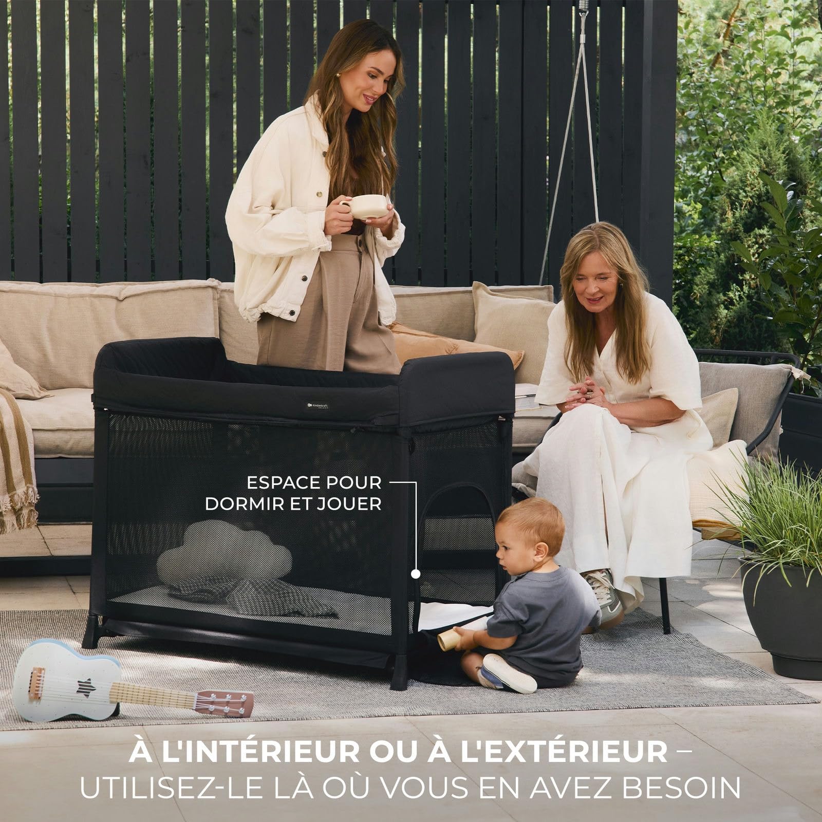 KINDERKRAFT Moon Dream, Lit de Voyage de la Naissance jusqu'à 3 Ans, lit superposé pour bébé, se Plie Rapidement d'une Seule Main, Matelas et Sac de Transport Inclus, Nettoyage Facile, Noir
