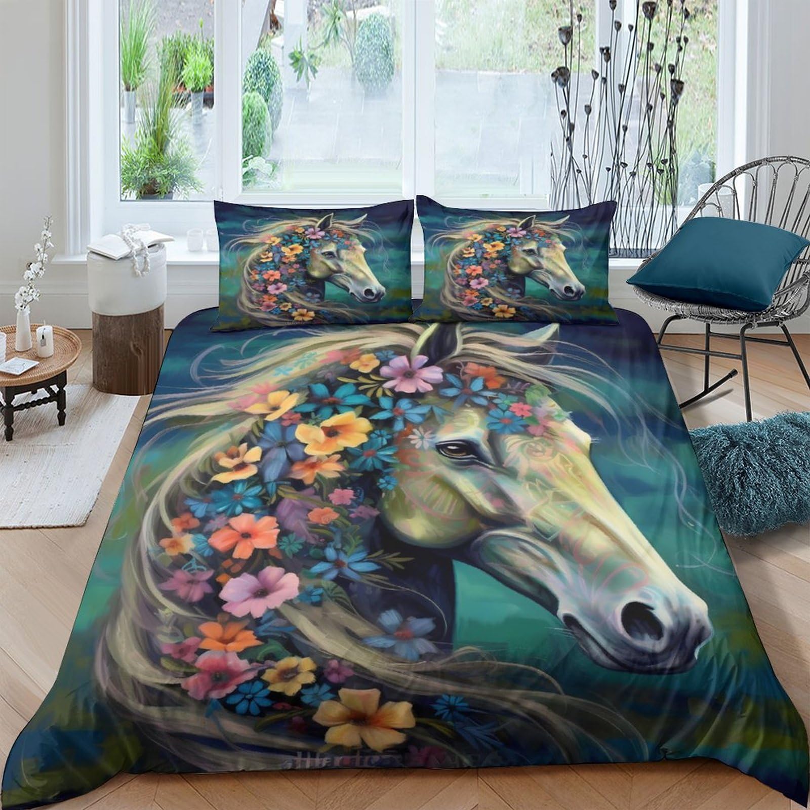 Housses de couettes chevaux fleurs 3 pièces avec taies pour adulte