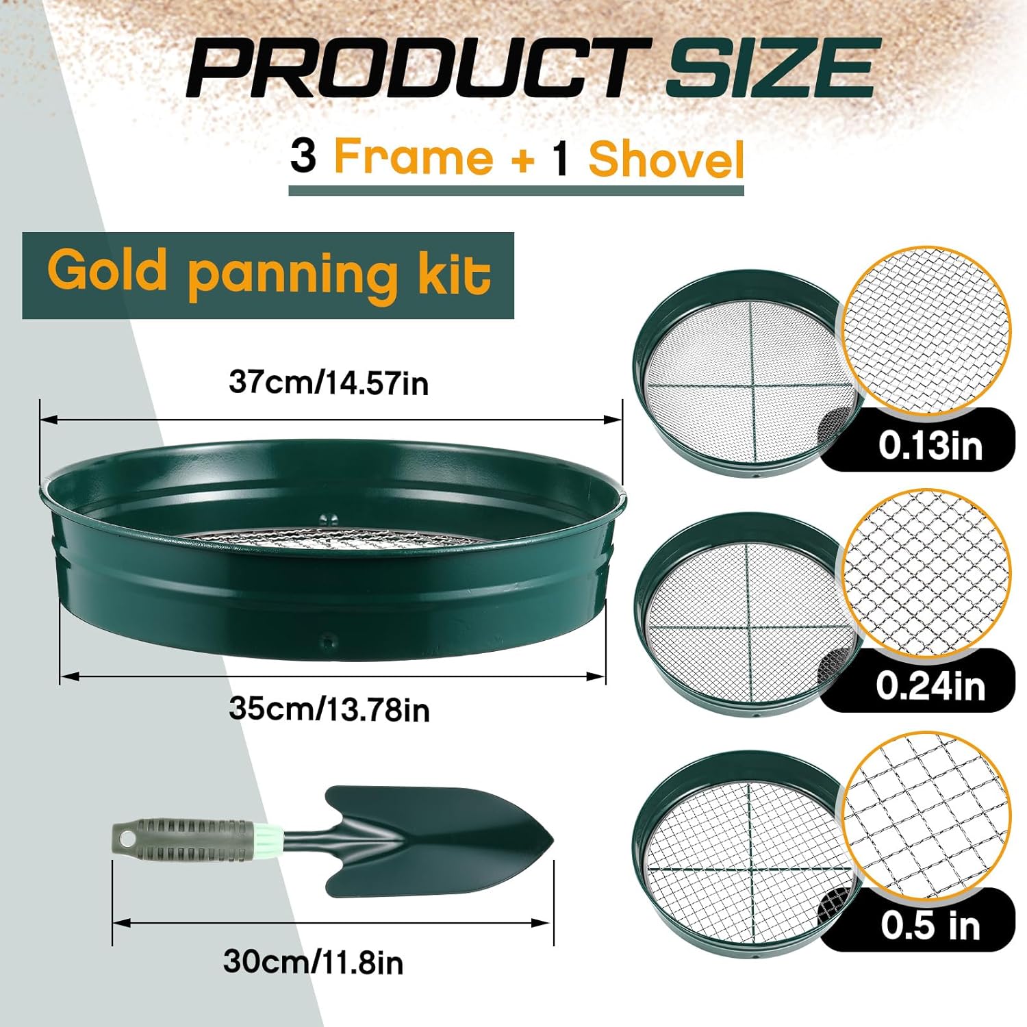 Blulu 4 Pcs Large Gold Panning Kit Stainless Steel Gold Mining Equipment Mini Sifter with Shovel Green Classifier Screen Set for Beginners and Enthusiasts Detector Accessories