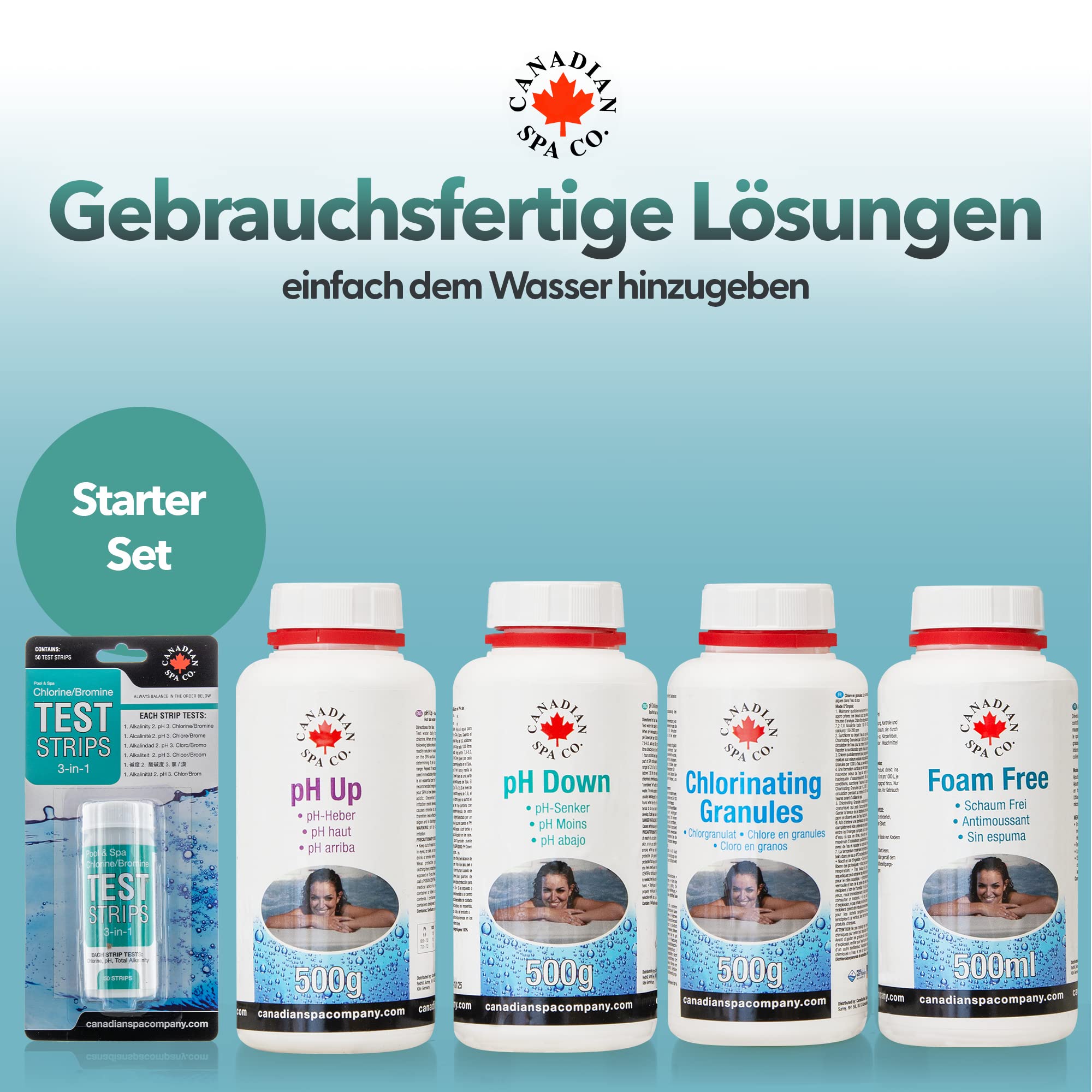 CANADIAN SPA CO. Whirlpool Reinigungsset 5-teilig mit Chlorgranulat, pH-Heber & pH-Senker, Schaum Entferner und 3-in-1 Teststreifen, Pool Zubehör Reinigung für sauberes Wasser
