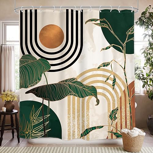 Glawry Cortina de ducha abstracta de mediados de siglo, color verde, retro, bohemio, tropical, palmera tropical, arco de sol, baño, moderna,