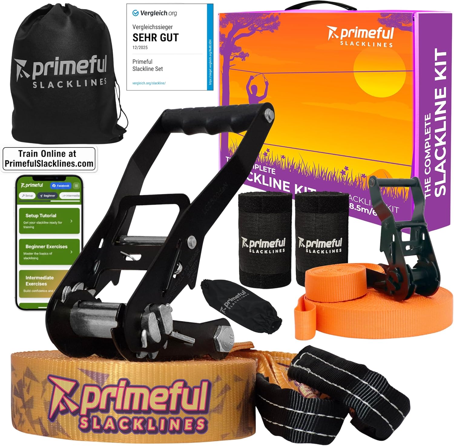Slackline Set 18,5m - Premium Komplettset mit Hilfsseil, Ratsche, Baumschutz &amp; Tasche - TÜV-geprüft bis 150kg - Balance Training für Kinder, Anfänger &amp; Erwachsene - Outdoor Fitness Geschenk