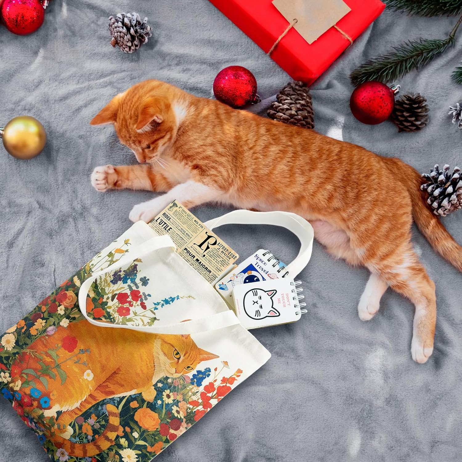 Paterr 6 Pack Cat Canvas Tote Bags Vintage Wildflowers Cute Tote Bags Cat Birthday Party Gift Bags with Handles Reusable Grocery Shopping Bags Birthday Gifts for Women - Image 5