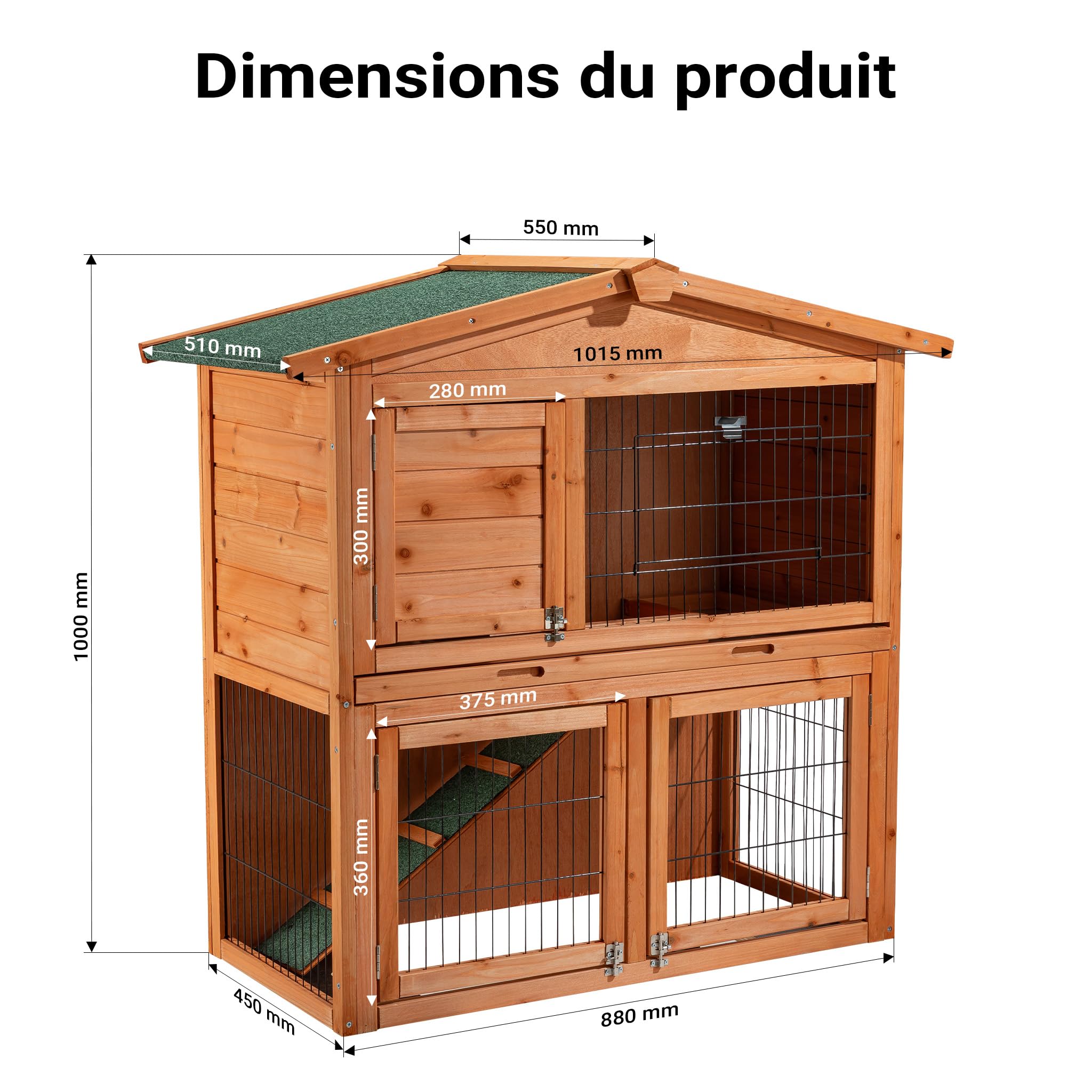 Wiltec Clapier – 1015 x 510 x 1000 mm – 2 étages – Toit bitumé – en Bois de Sapin – avec Rampe et Enclos – Abri Cage pour rongeurs Poulailler Lapinière Nichoir Espace Libre pour Petits Animaux