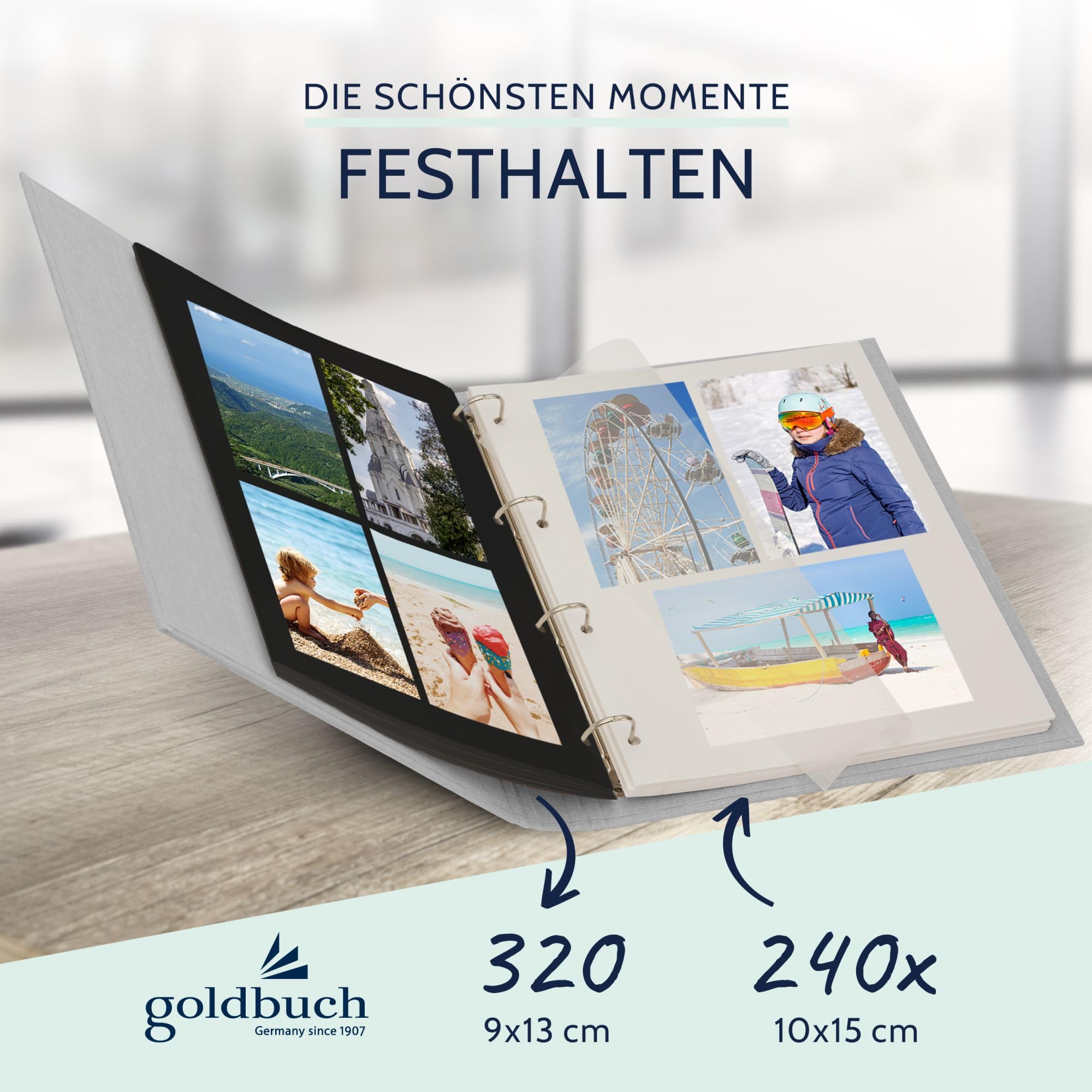 goldbuch 37919 Foto Ringbuch, Bella Vista, Foto Album 26 x 32 cm, Fotobuch Ordner aus Leinen, Fotoordner zum Selbstgestalten und Befüllen, Format DIN A4, ideal für Reise & Urlaub, Hellgrau