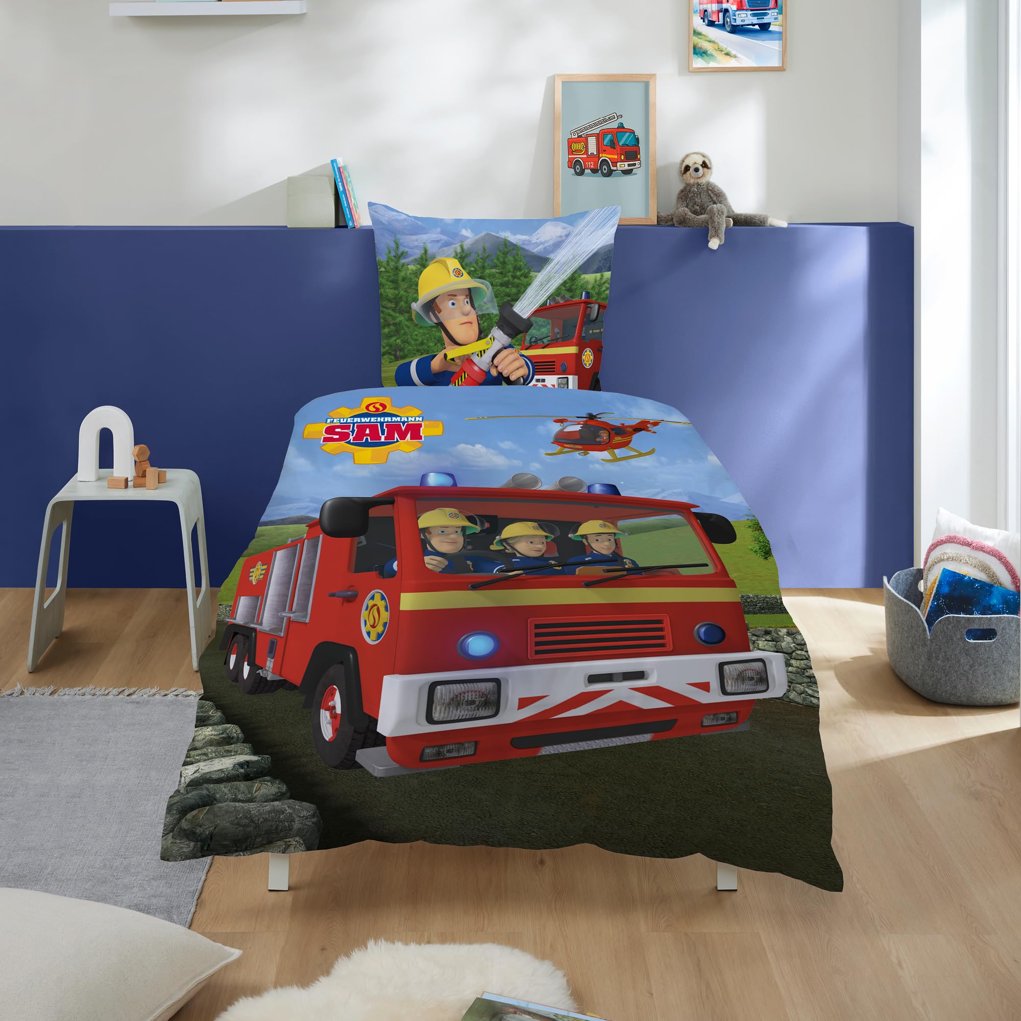 Familando – Feuerwehrmann Sam Bettwäsche-Set (2-teilig) – Decken- & Kissenbezug 135x200 cm & 80x80 cm mit Reißverschluss – 100% Baumwolle Renforcé – Hautfreundlich & kuschelig – Öko-TEX Zertifiziert