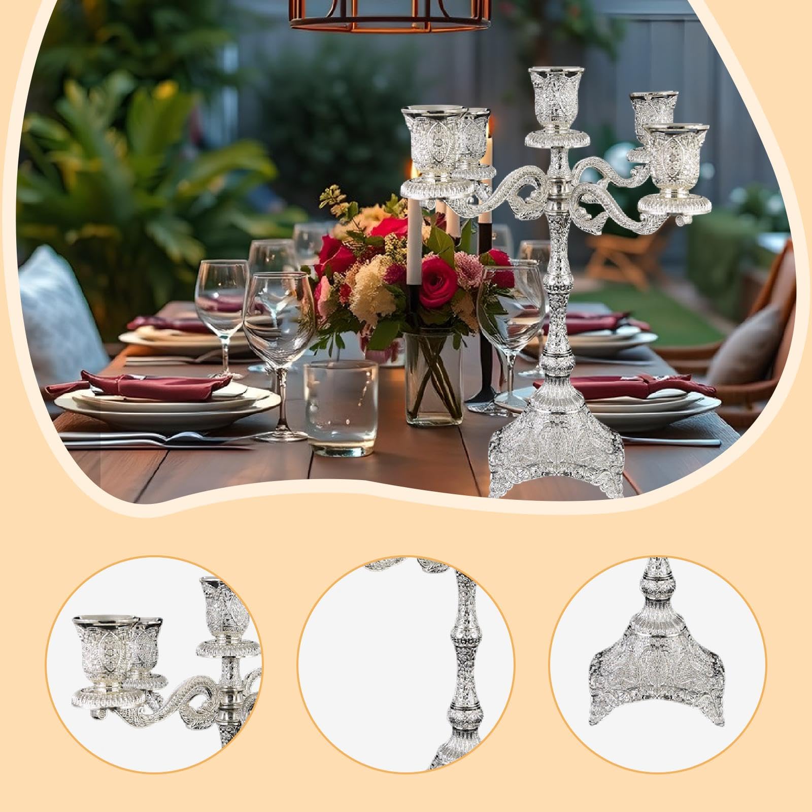 LOVIVER Candelabro de 5 Brazos, Soporte para Velas, Adorno, candelabro de Mesa para cenas, Valentín, Plata