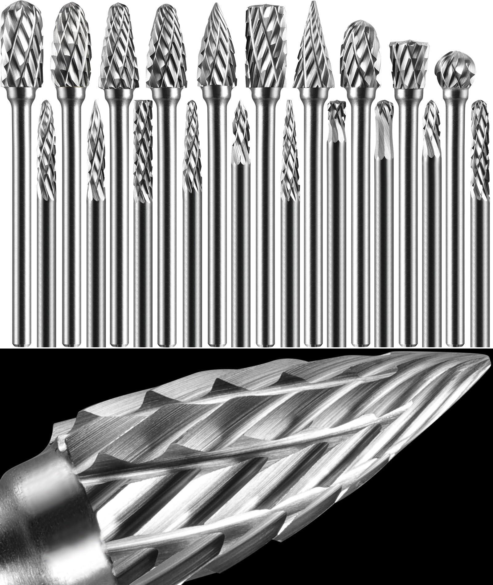 20 Pcs 1/8" Shank Carbide Burr Set Bits Compatible with Dremel Milwaukee Rotary Grinder Tool Kit Attachment Drill Rasp File Accessories Metal Wood Stone Carving Grinding Cutting Sanding Engraving