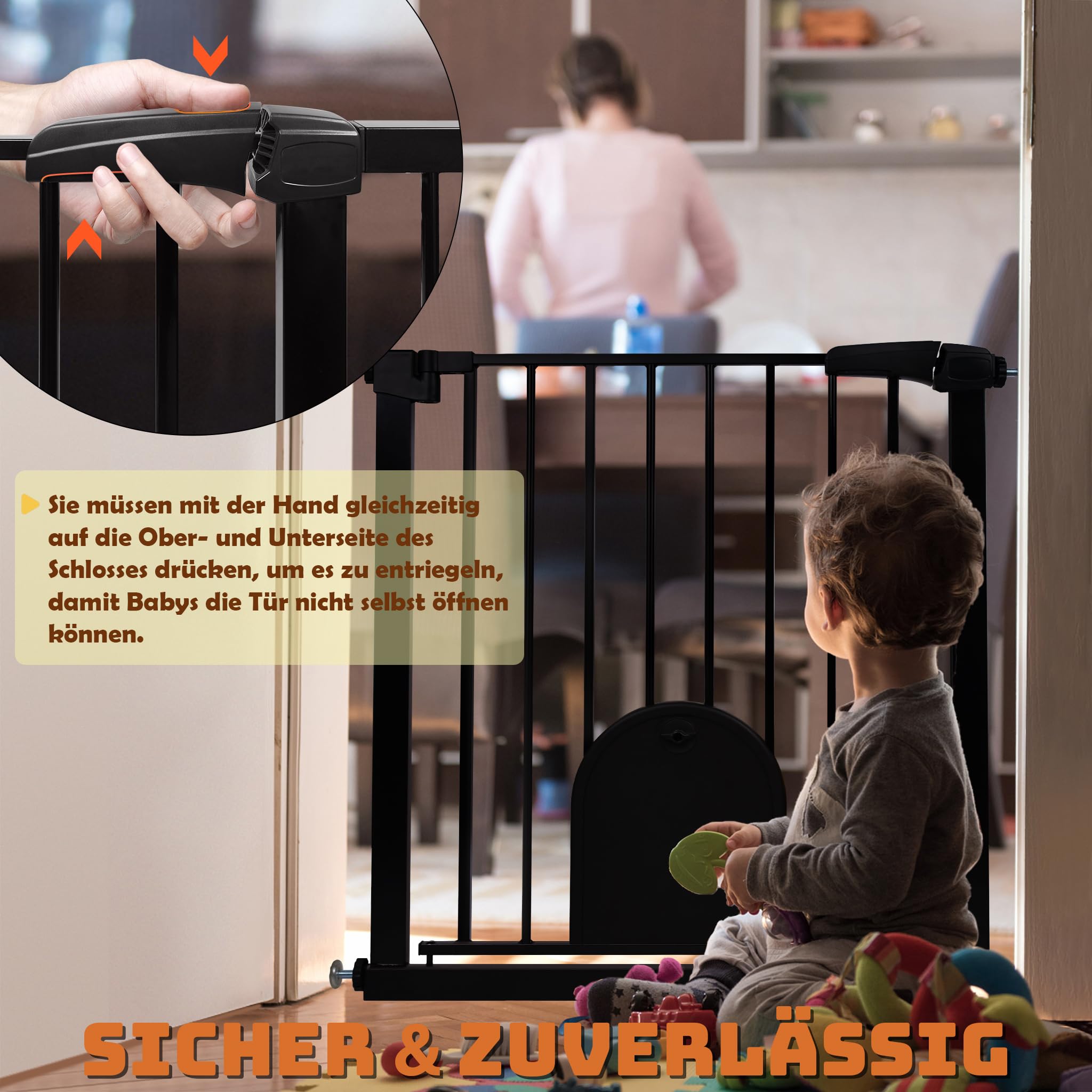 Froadp Türschutzgitter Baby Treppengitter 75-85cm Kindergitter ohne Bohren Türgitter mit Tür für Hunde und Katzen Beidseitig Schwenkbar Absperrgitter Automatisch Haustier Gittertür, Schwarz