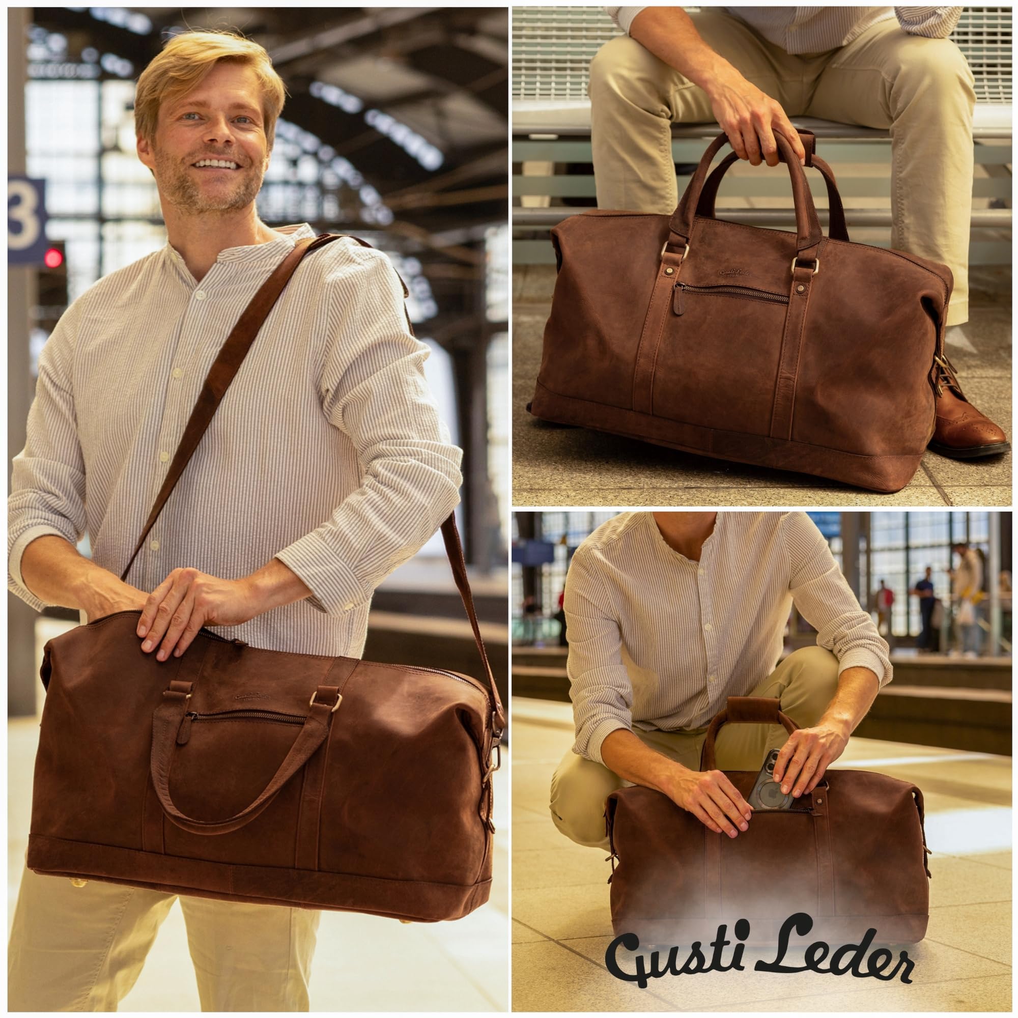 Gusti Leder Weekender Herren Ruben - Reisetasche Herren aus Echtleder in Braun - 36 L Vintage Sporttasche für Kurztrips & Wochenendausflüge