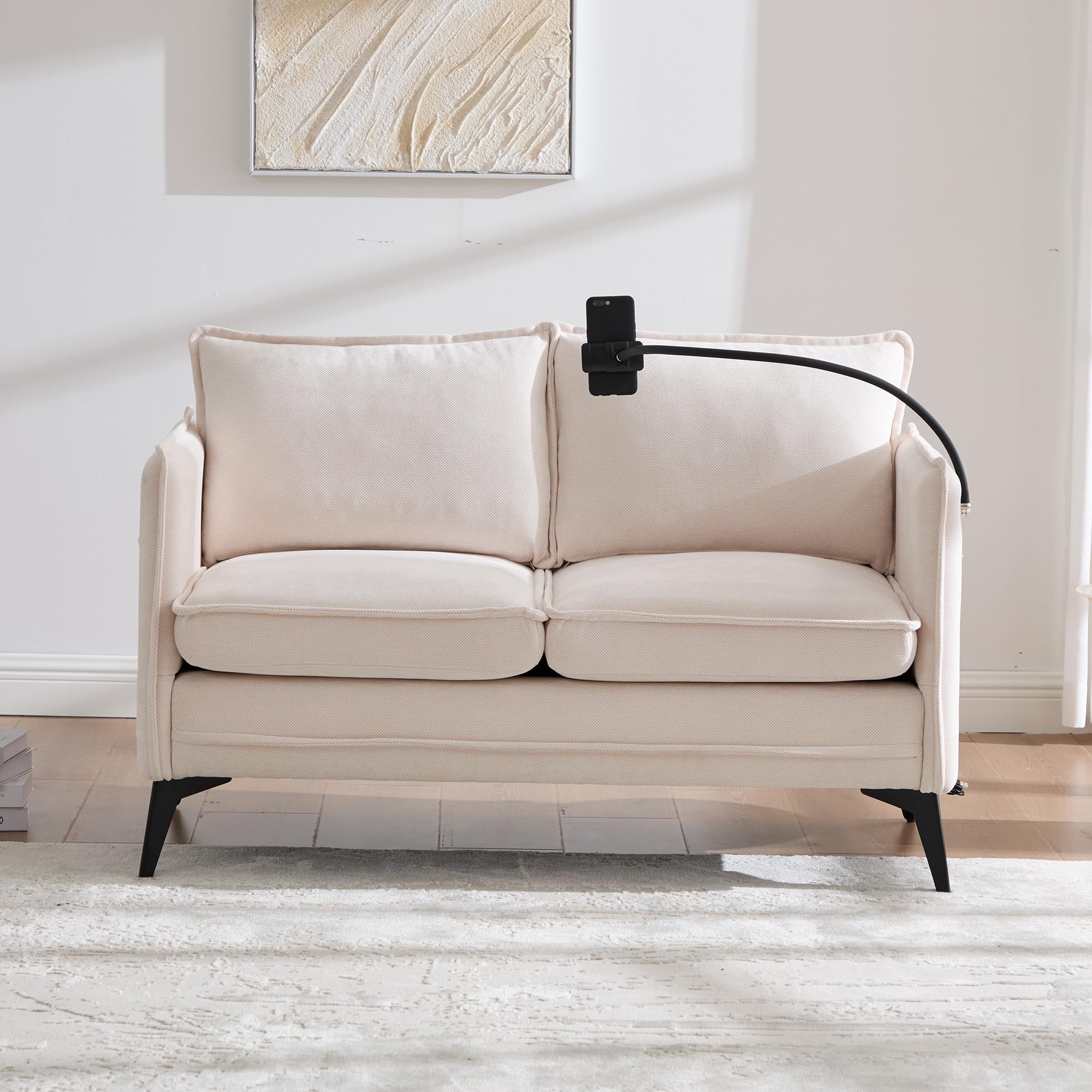 Moderno divano doppio, piccolo divano in tessuto, con tasca laterale + supporto per cellulare regolabile, adatto per soggiorno/camera da letto/balcone, 127 x 69 x 66 cm (beige)