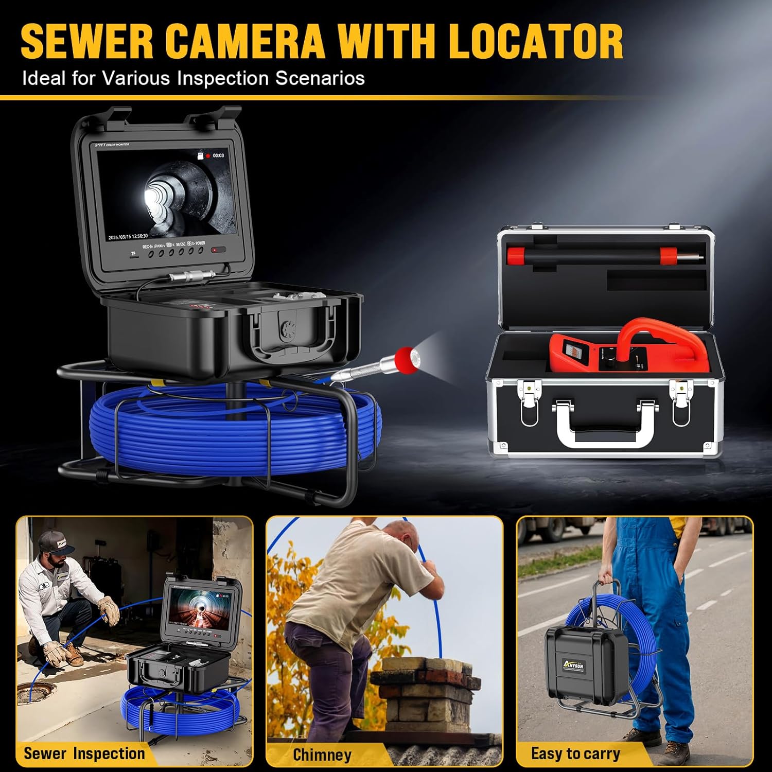 Anysun Sewer Camera with Locator, Self Leveling Sewer Inspection Camera with Distance Counter, 7MM Diameter Cable 150ft with 12PCS LED Lights, 9" HD Monitor with DVR(32GB Card)