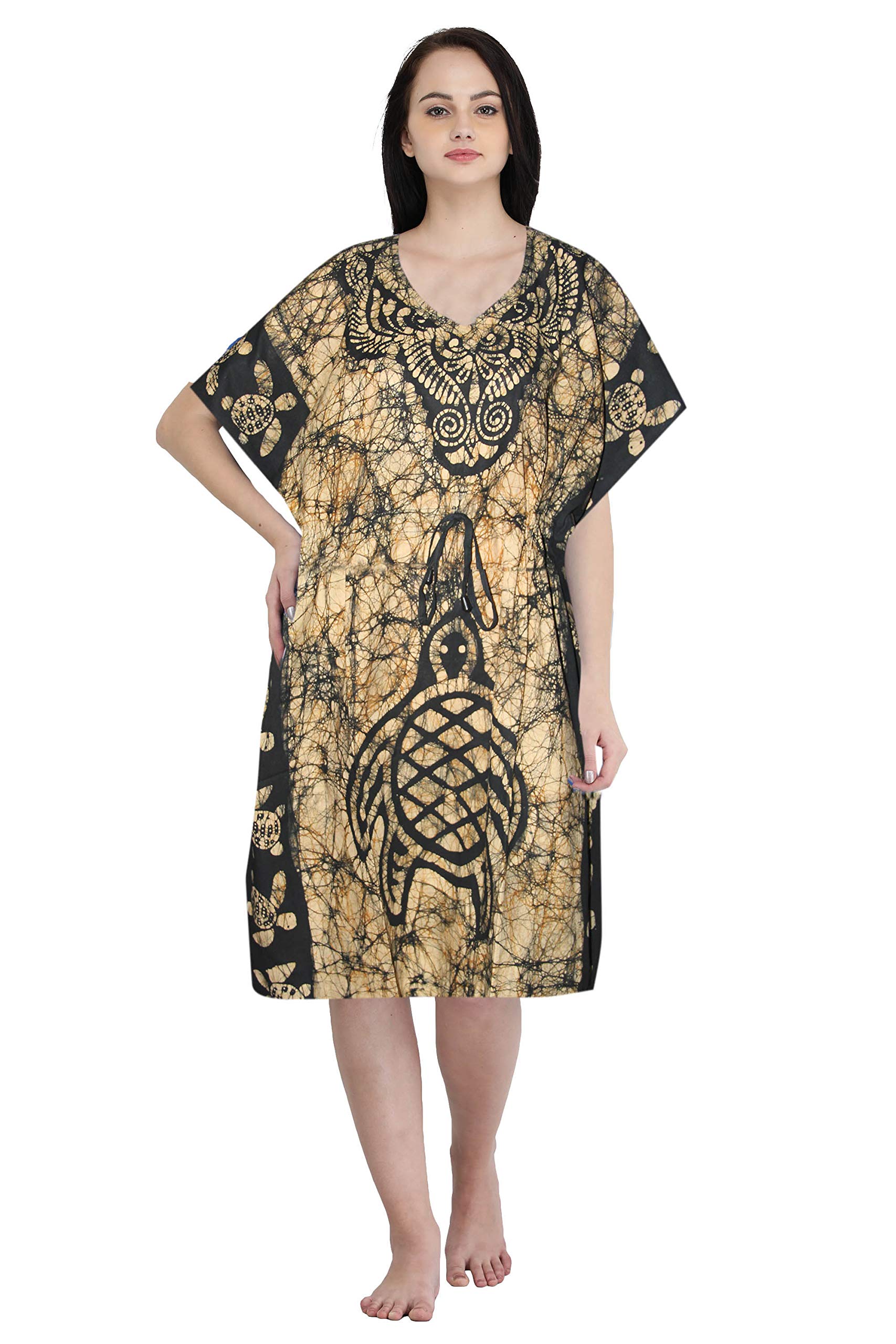 100% Cotton Women's Short Kaftan for Loungewear in Turtle Beige Print-image-26