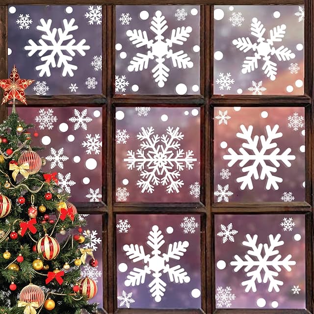 UMIPUBO 216 pcs White Snowflakes Window Stickers Static Decal Stickers Snow Flakes Stickers for Christmas Window Clings Decorations(Double Side printed)