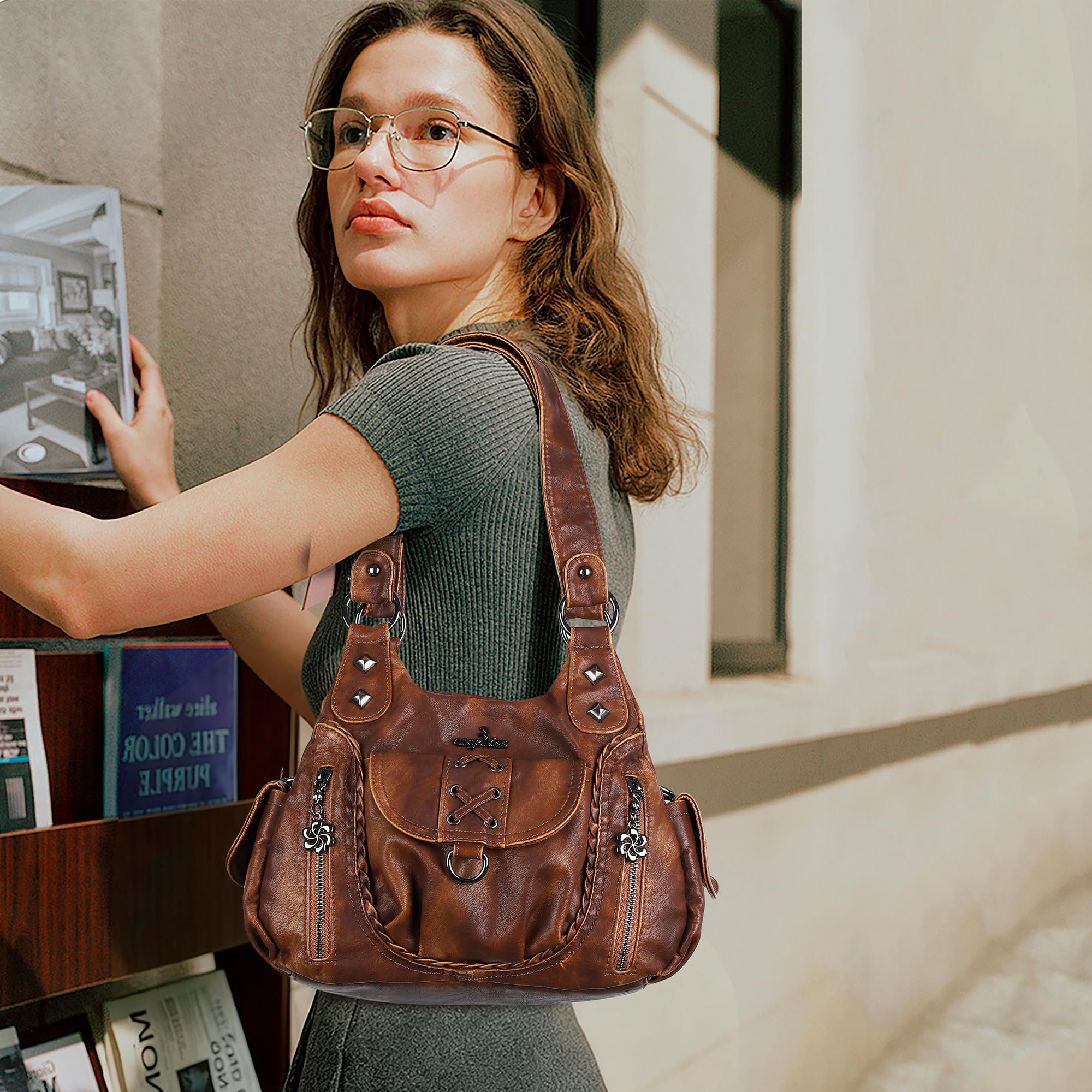 Angel Kiss Bolso hobo para mujer, pequeño, de piel vegana, con múltiples bolsillos, bolso bandolera, tote, de hombro, estilo Y2K