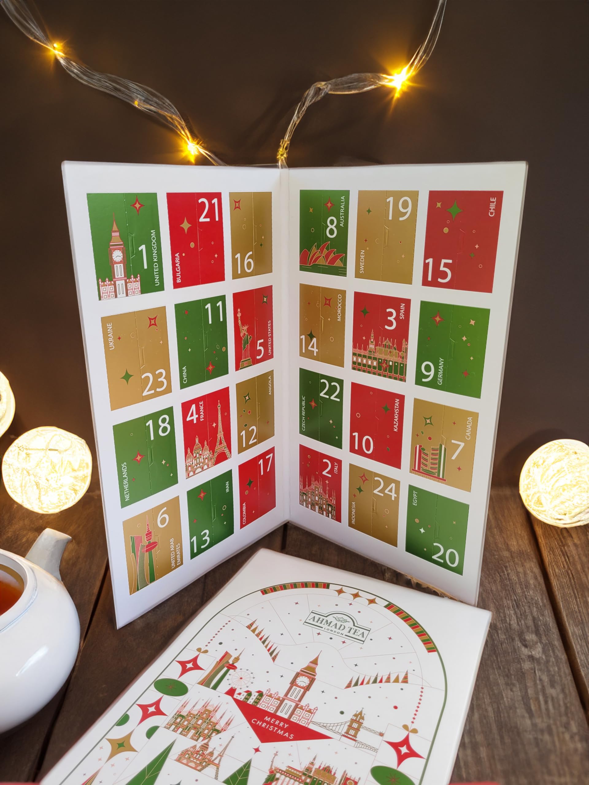 Ahmad Tea Té Calendario de Adviento 2025 - Calendario de Escritorio Plegable - 24 Bolsitas de Té Diferentes - 46,8g
