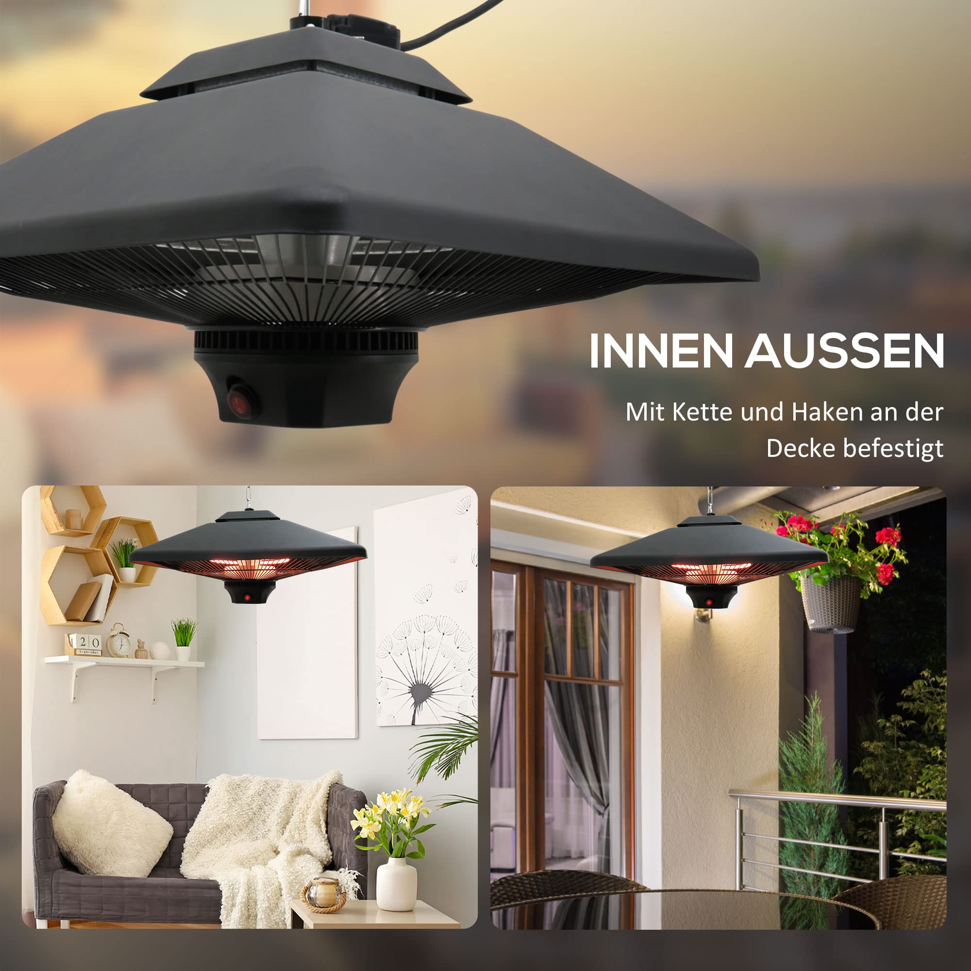 Outsunny Terrassenstrahler Deckenstrahler Heizstrahler mit Fernbedienung LED Beleuchtung, 2000W, 43x43x25cm