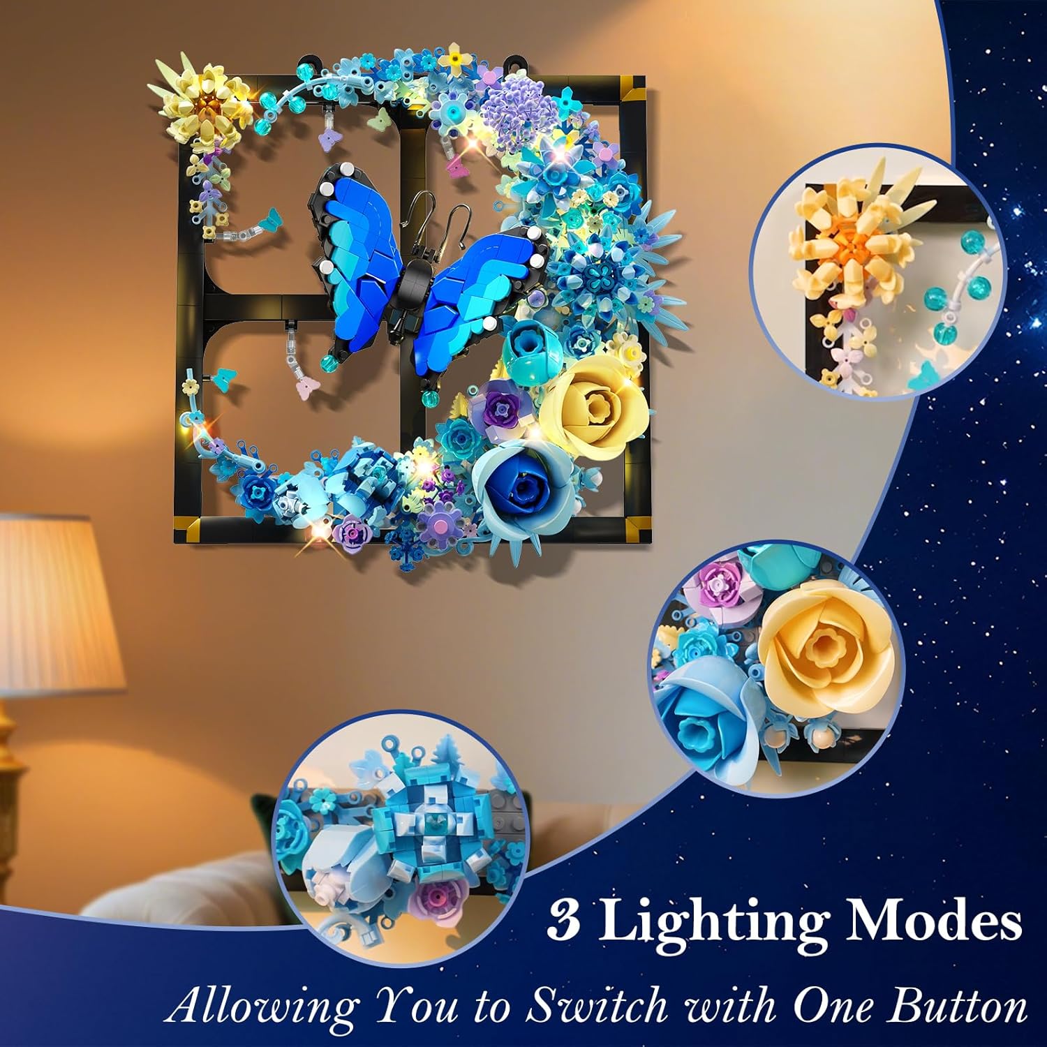 PLAXSOON Moon Flower Building Set with Lights, 1141 PCS Wall Botanical Flowers Building Block Kit with Butterfly, Floral Plant Collection Office Home Decor, Gift for Her Adults Women Boys Girls 12+