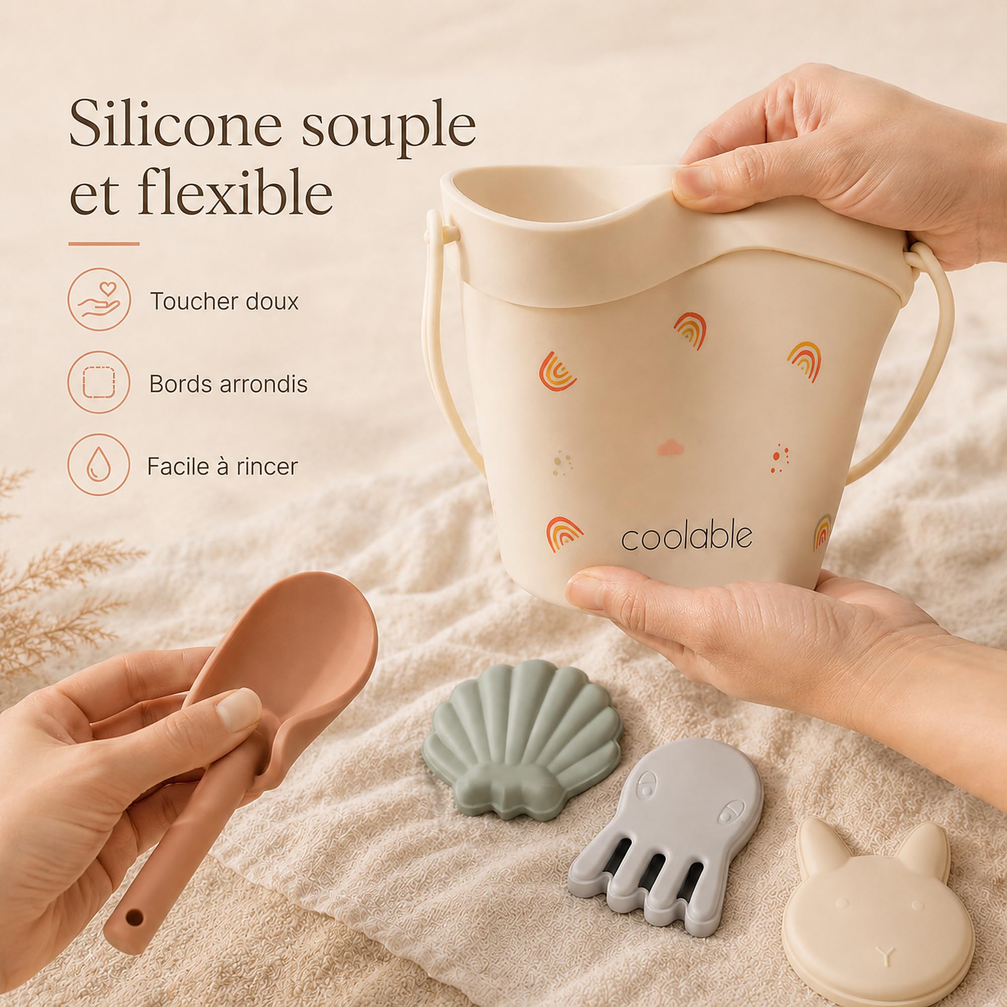 Lot de 6 Jouets de Plage en Silicone pour Enfants - Seau Pliable, Pelle, 4 Moules à Sable et Sac Filet - Arc-en-Ciel