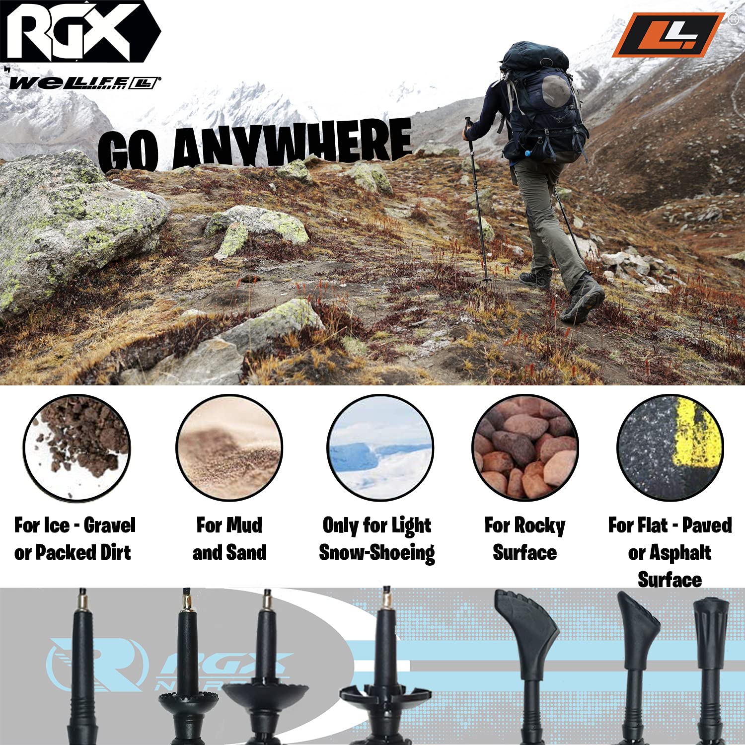 WeLLIFE |Bastoncini Nordic Walking in Alluminio| Polsino con Sgancio Rapido CLICK and GO per Nordic Walking, Escursionismo e Trekking