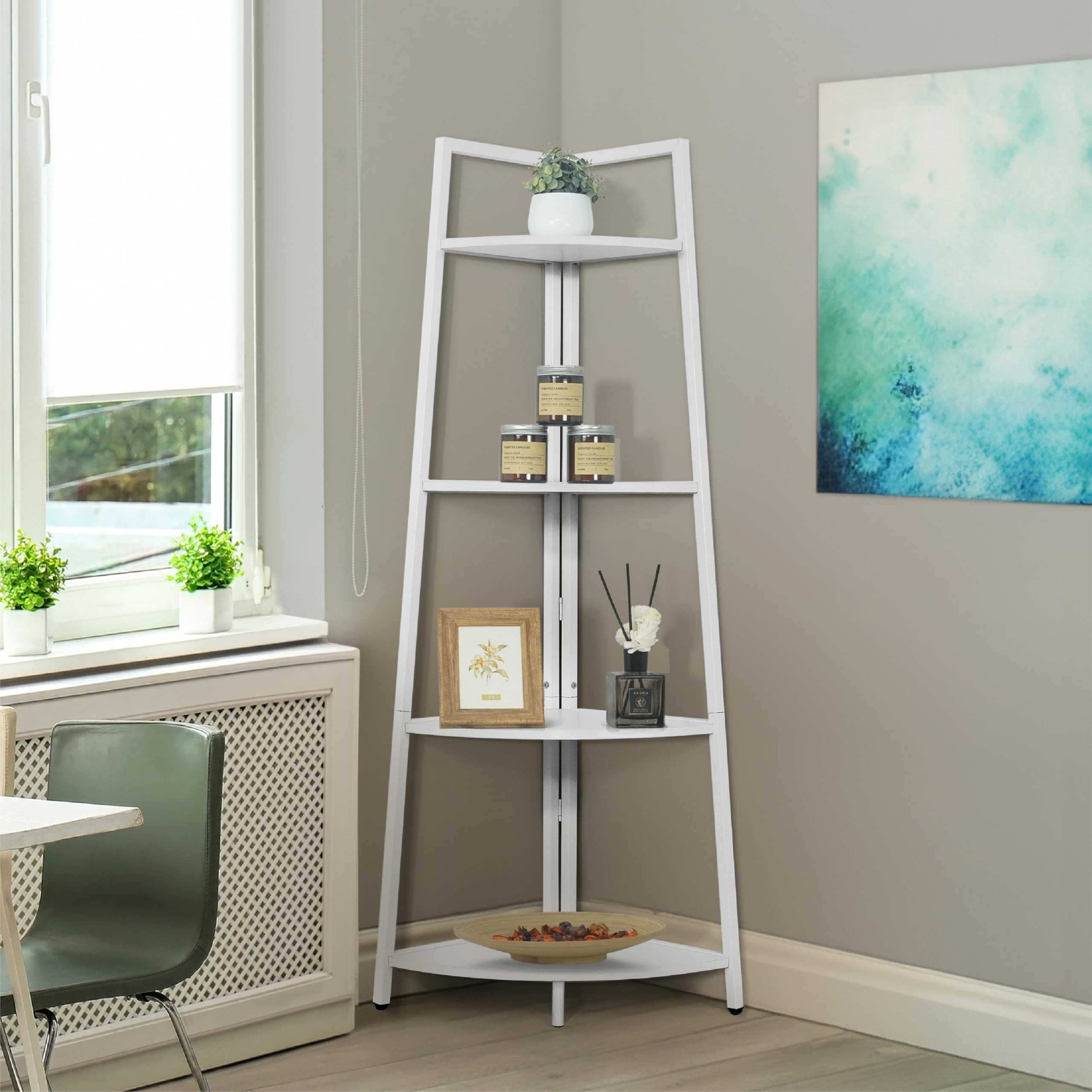 CAPHAUS Tall Corner Shelf Stand, 4-Tier Display Shelves, Ladder Corner Wood Storage Plant Bookshelf with Metal Frame, Versatile Shelving Unit Bookcase for Home Office Space, White