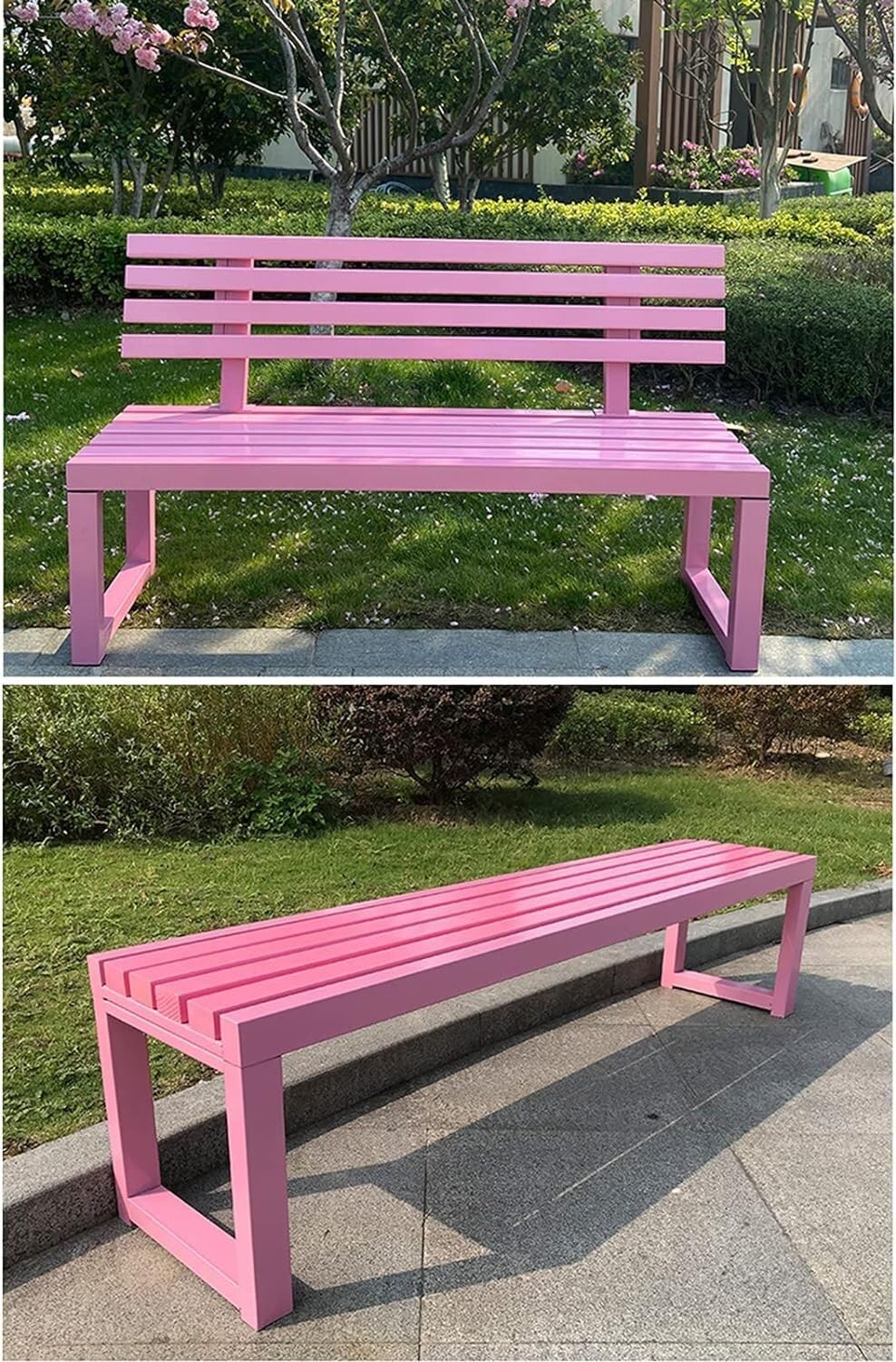 Garden Bench Outdoor Terrace Park Bench Metal Frame and Wood Slats Decorative Pink Seat(Pink Without Back,120m)