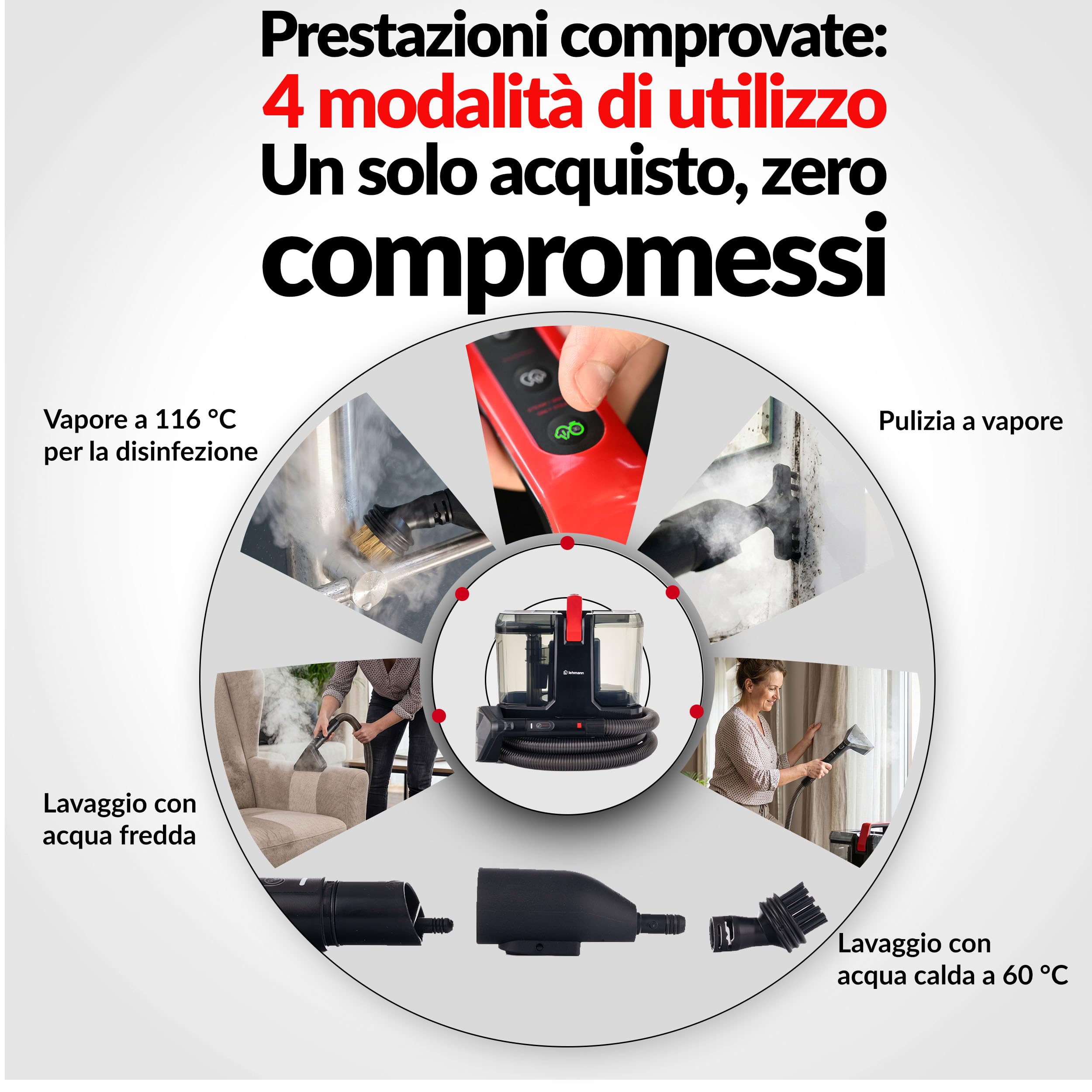 LEHMANN SteamWash 1800 Lavatappezzeria e Pulitore a Vapore 4 in 1, Lavatappeti e Divani con Acqua Calda 60°C e Vapore 116°C, Pulitore Tappeti, Pulitore Divano, Lava e Aspira, Aspirazione 16 kPa