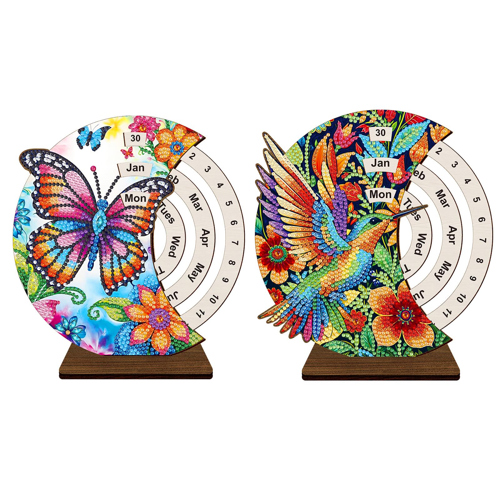 Lebartm 2Pcs DIY Diamond Perpetual Calendar Diamond Art Painting Wooden Manual Rotating Calendar Ornament Desk Round Perpetual Calendar Single Sided Diamond Tabletop Ornaments for Home Decor-06