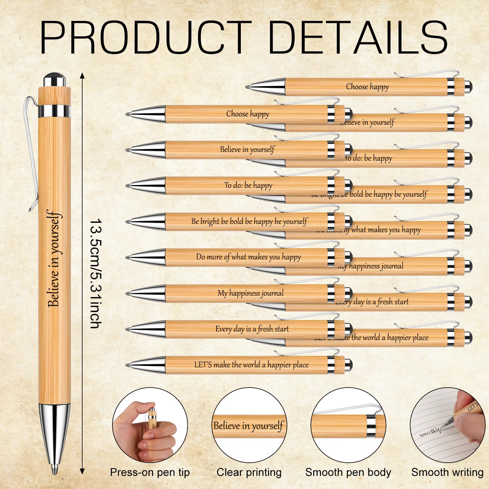 HAOWANWW 32Pack Let's Be Happy Notebooks Bulk,Lined Happiness Themed Journals for Kids Coworkers 4.92x3.14In Brown Kraft Notebook with Bamboo Retractable Ballpoint Pens Inspirational Pockets Notebook - Image 3