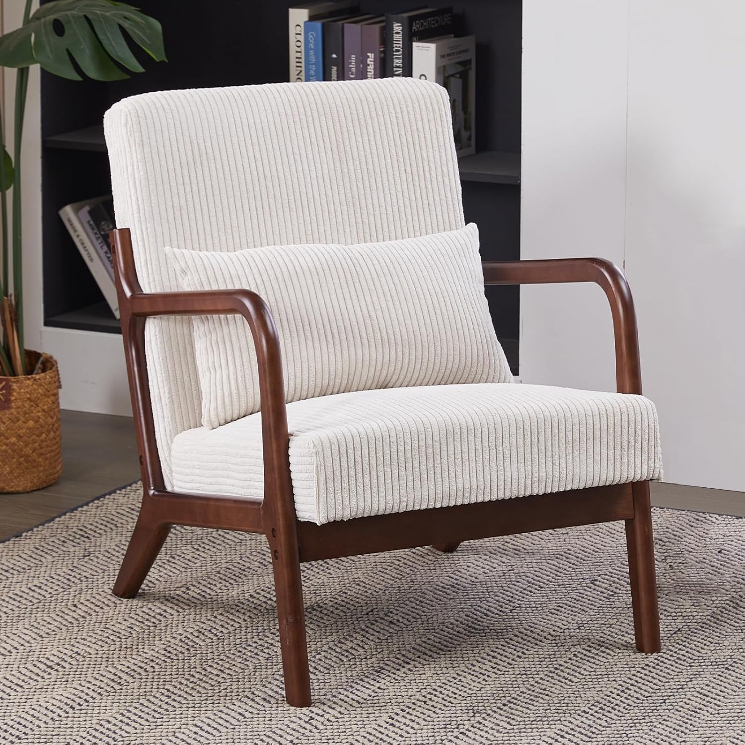 Mid Century Modern Accent Chairs Set of 2, Upholstered Corduroy Armchairs with Lumbar Pillows, Solid Rubberwood Frame for Living Room, Bedroom, Waiting Room, Beige