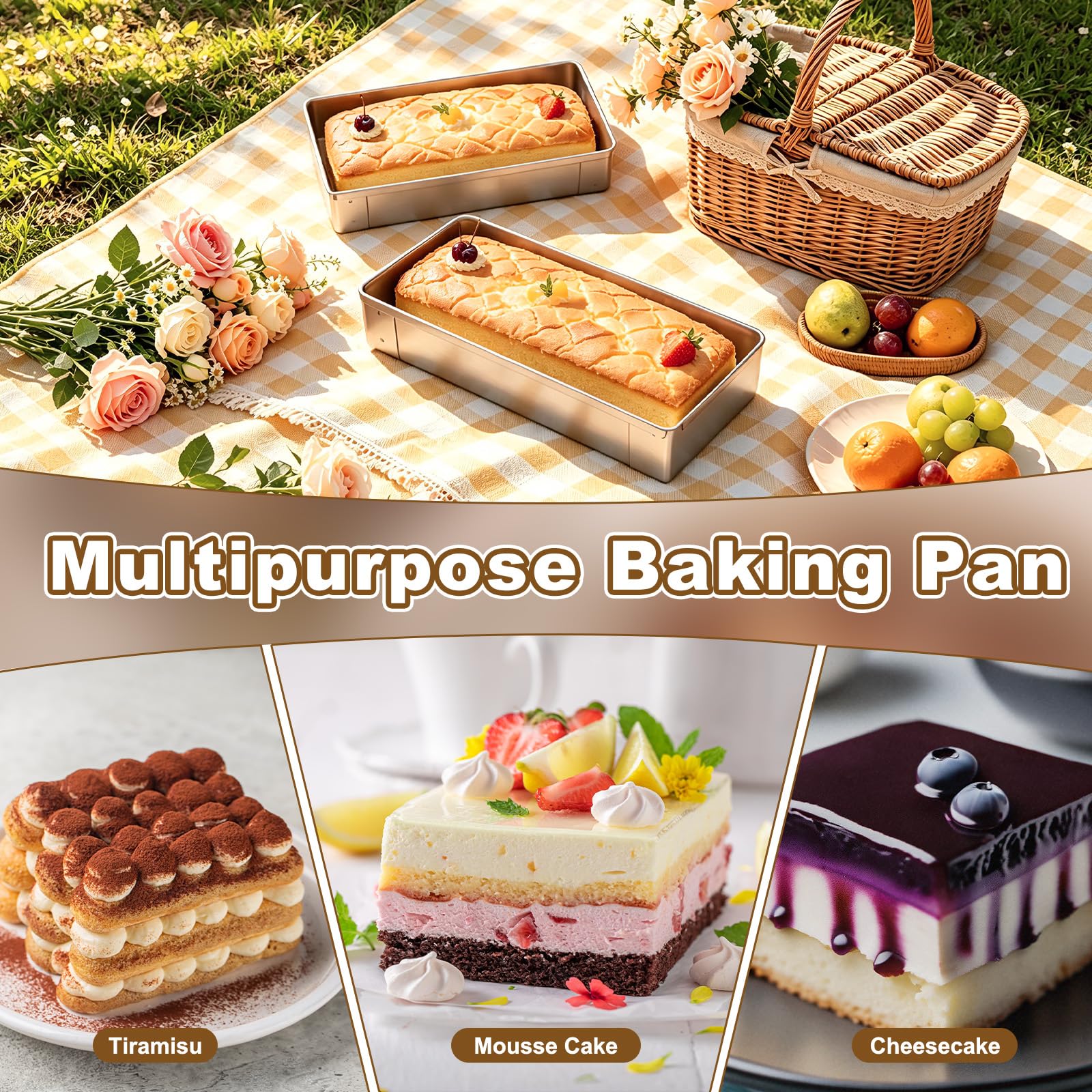 sourcing map Tiramisu-Pfanne, antihaftbeschichtet, rechteckig, Tiramisu-Kuchenform mit Acryl-Deckel, abnehmbarer Rahmen, Edelstahl, langes Backblech für Käsekuchen, Mousse, Lasagne, 2 Stück