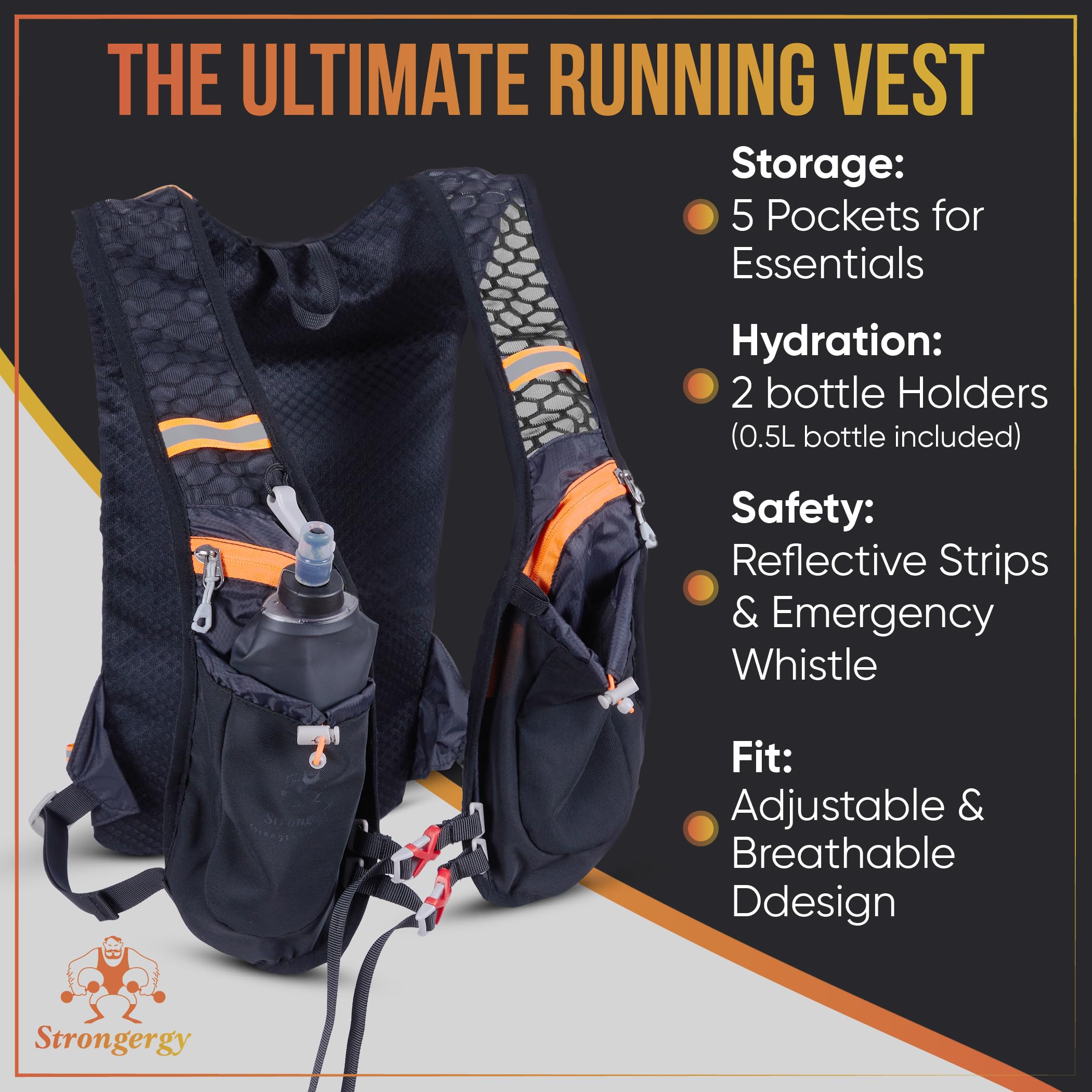 Chaleco Running Hombre y Mujer, Chaleco Hidratación Trail Running 40x22cm, Dos Bolsillos Exteriores, Dos Compartimentos, Botella de 0.5L y Silbato Incluido, Mochila Correr Hombre y Mujer