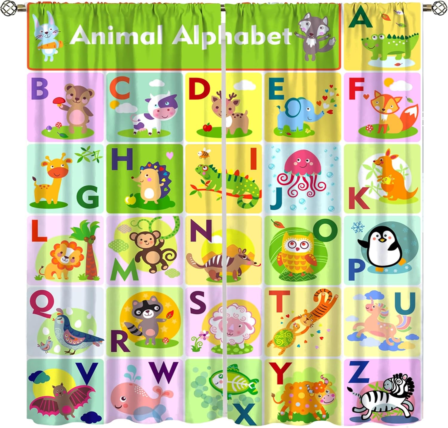 ABC Alphabet Curtains for Kids Bedroom, Colorful Cute Cartoon English Letters Funny Animals Window Treatments Drapes for Boys Children Toddler Nursery Playroom Curtains 72" W X 63" L