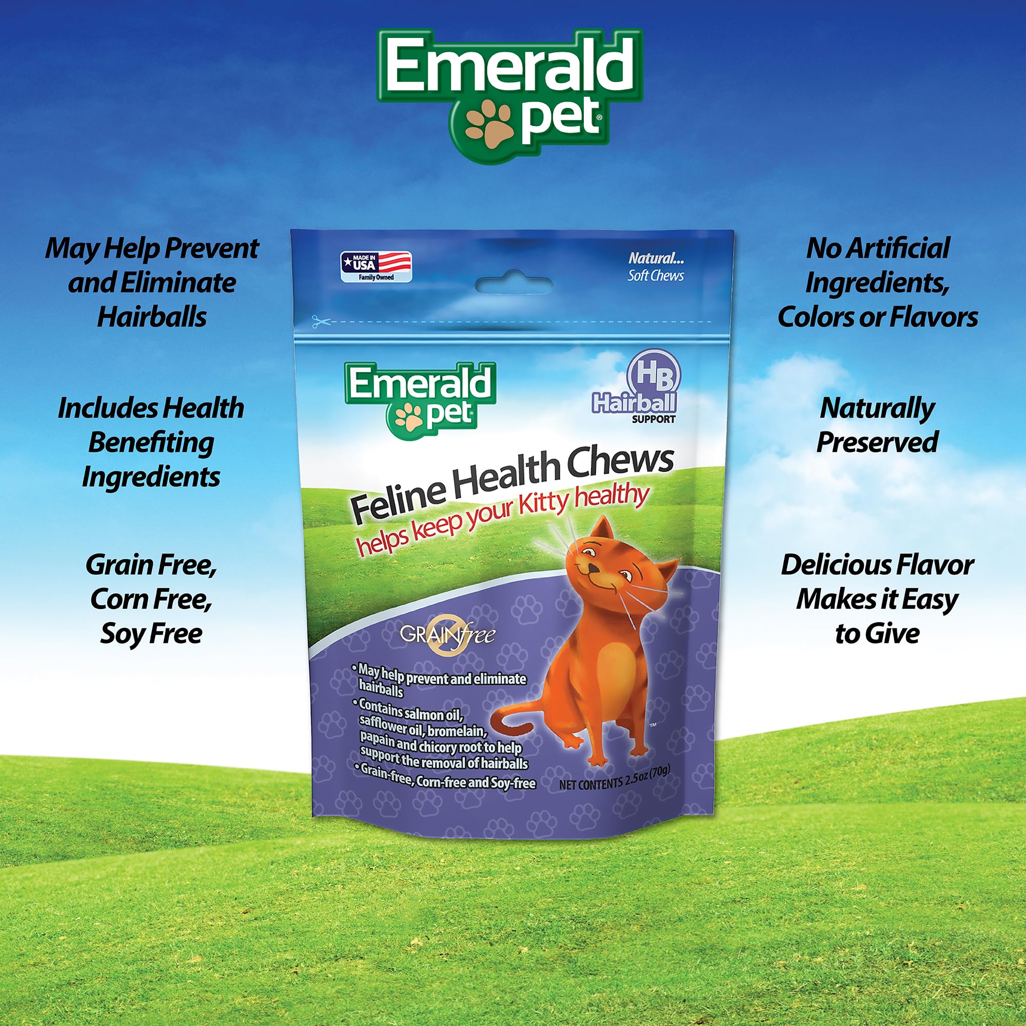 Emerald Pet Feline Health Chews Hairball Support — Natural Grain Free Feline Hairball Control Chews — Hairball Control Cat Supplements for Hairball Prevention and Elimination — Made in USA, 2.5 oz - image 3