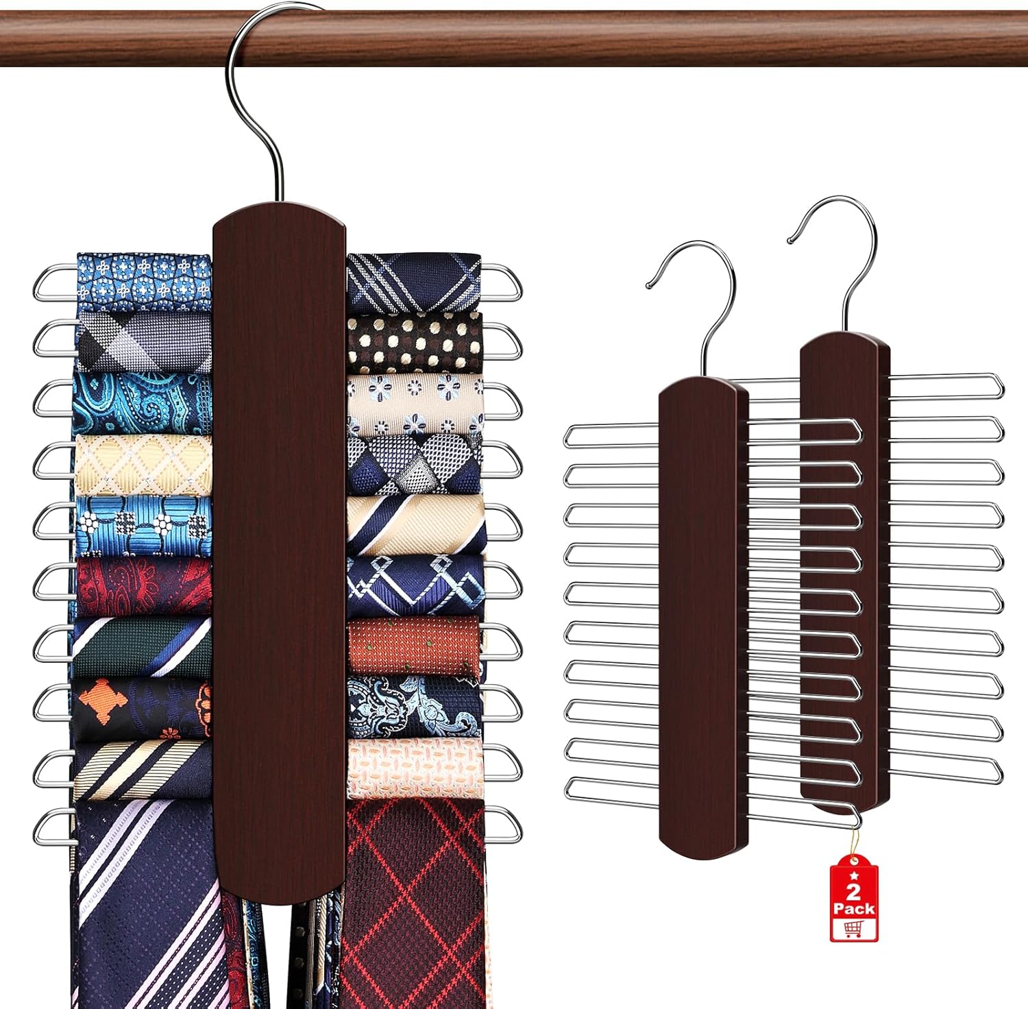Tie Rack for Closet, 2 Pack Premium Wooden Necktie Organizer Storage