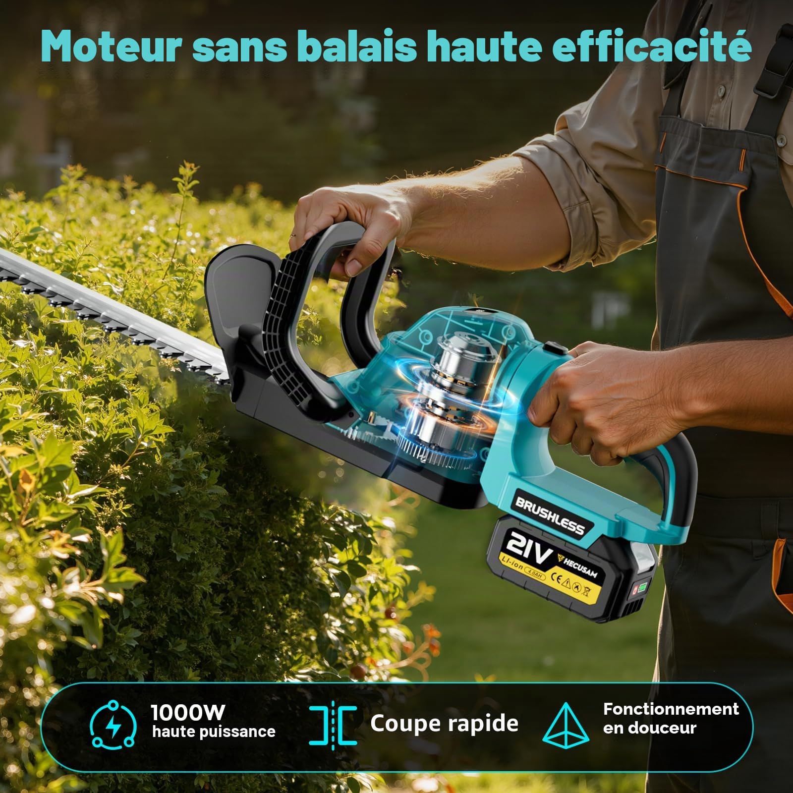 52CM Taille-Haies sans Fil, Moteur sans Balais, Taille Haie Batterie avec 2 Batteries 4,0 Ah, SK5-lame Double Action, diamètre de Coupe 17 mm, PoignéE Pivotante à 180°, pour Haies, Arbres