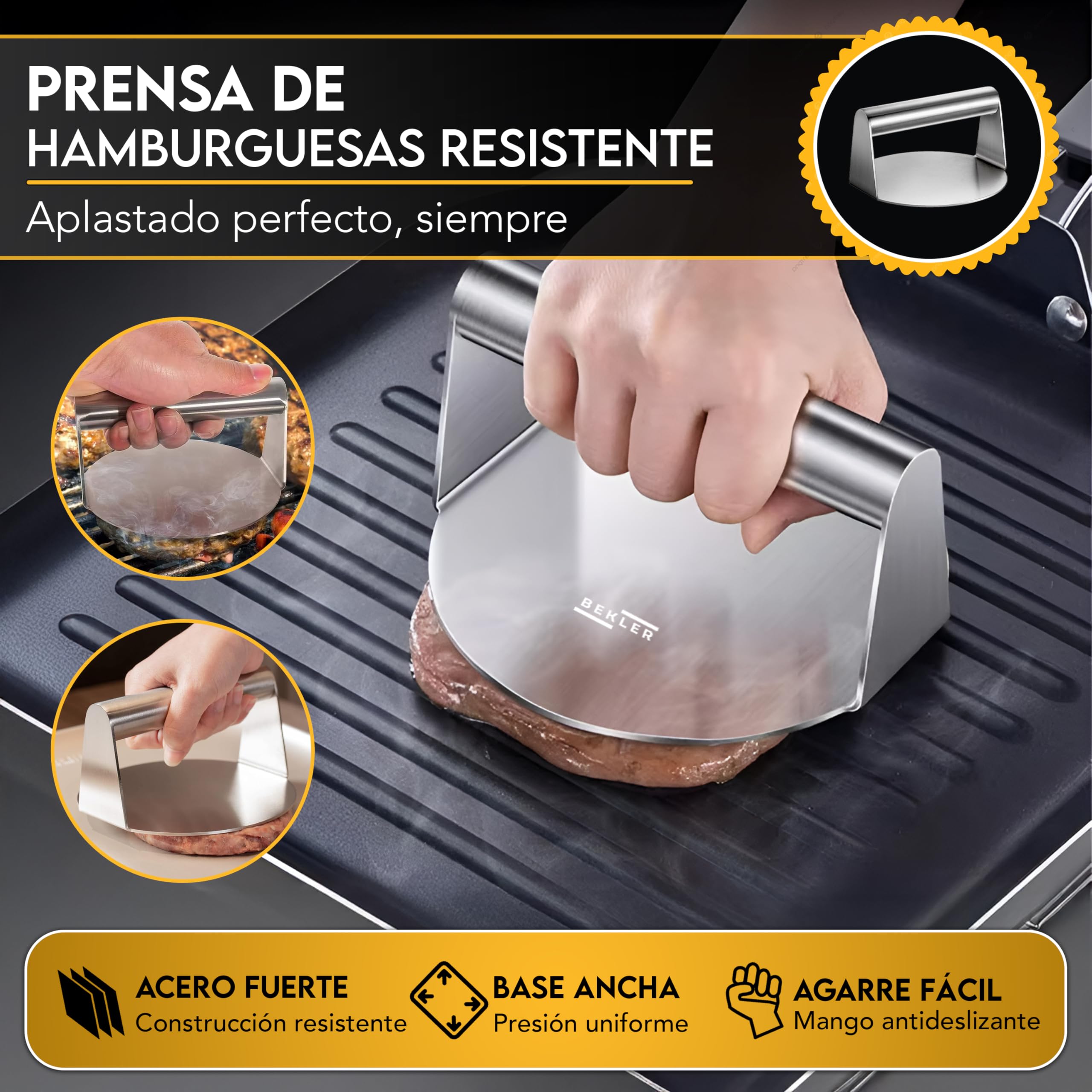 BEKLER Kit Smash Burger - Smash Burger Kit con Aplastador De Hamburguesas Y Espátula, Prensa para Hamburguesas Smash En Acero Inoxidable, Aplasta Hamburguesas Profesional