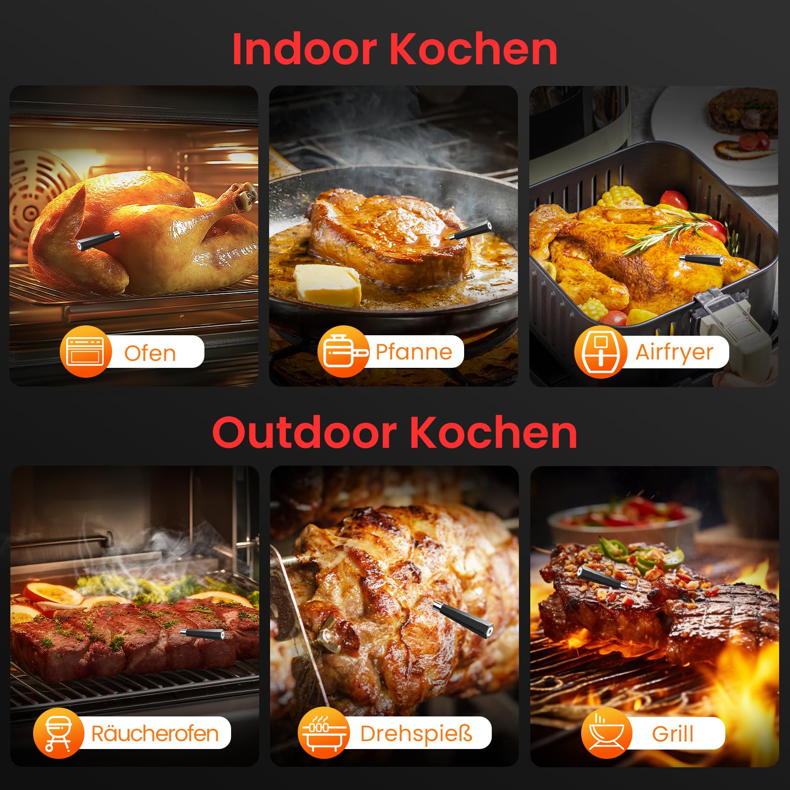 Thermomètre Cuisine Sans Fil Double Capteur avec App 150m Sonde Bluetooth Minuterie Alarme BBQ Grill Fumoir Four Sous Vide