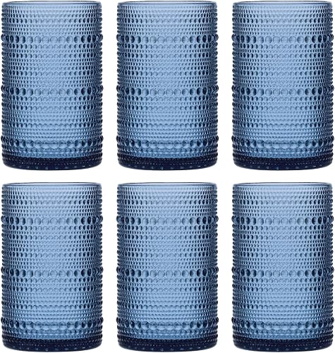 Moretoes 15oz Blue Vintage Hobnail Drinking Glasses Set of 6 | Highball Glass Cups, Kitchen Drinkware Glassware for Beer,Cocktail,Whiskey,Juice and Various Mixed Drinks