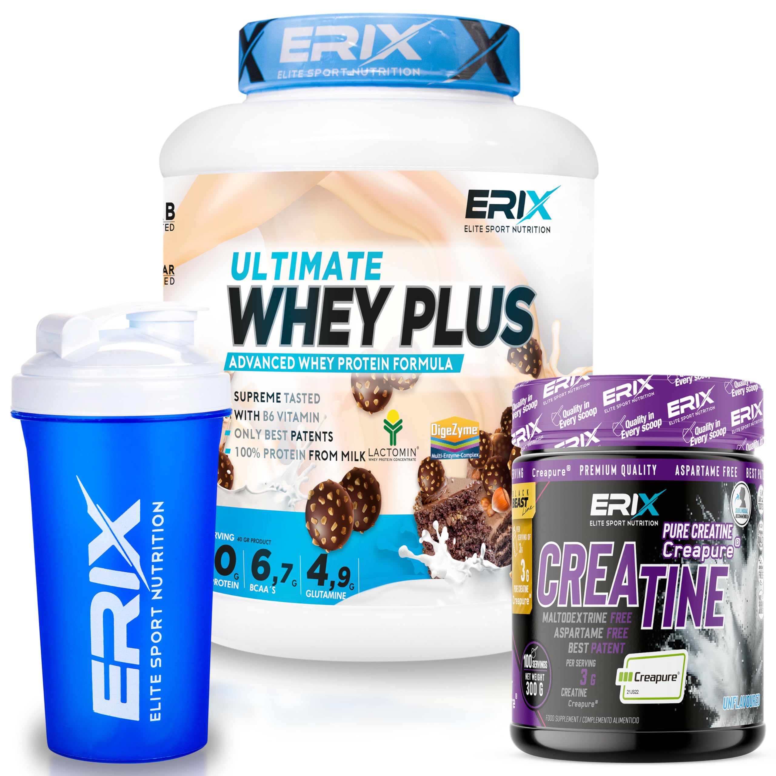 ERIX Nutrición Pack Musculación Whey Ultimate Plus 2Kg+ Creatina Creapure Neutra 300g+ Shaker, Proteína Suero de Leche para Rendimiento Deportivo y Volumen Muscular (Bombón hazelnut)