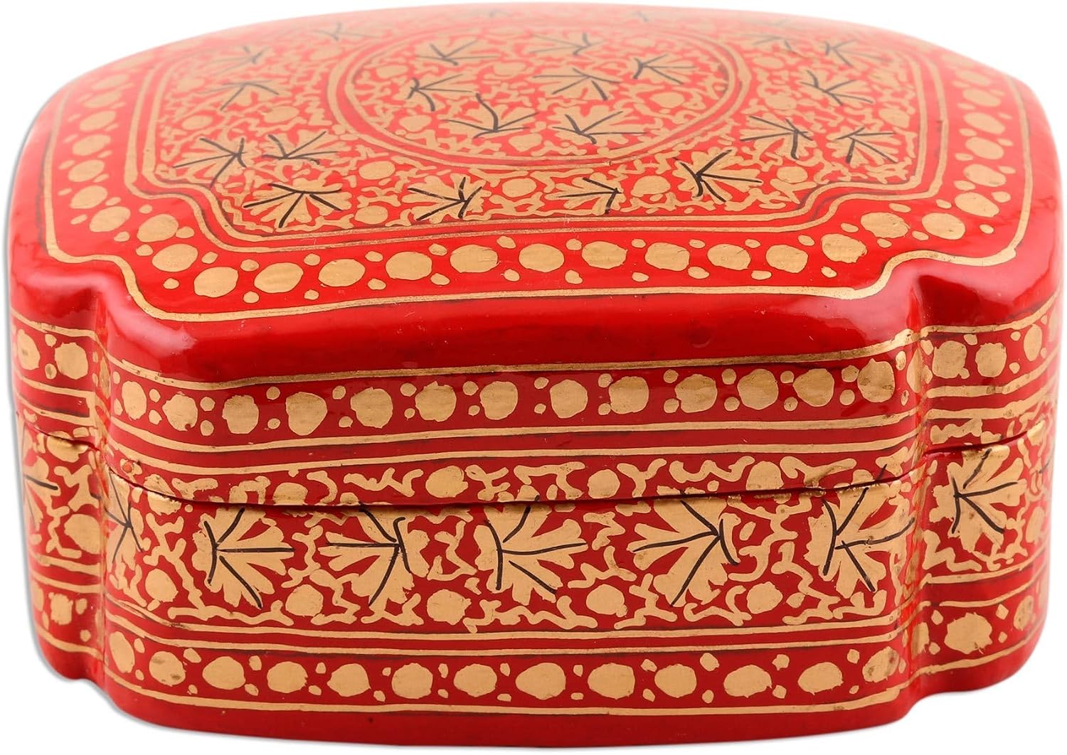 NOVICA Artisan Handcrafted Papier Mache Decorative Box Artisan Red Gold Painted India Accessories Boxes Leaf Tree [2in H x 3.7in W x 2.9in D] ' Kashmir Artistry'