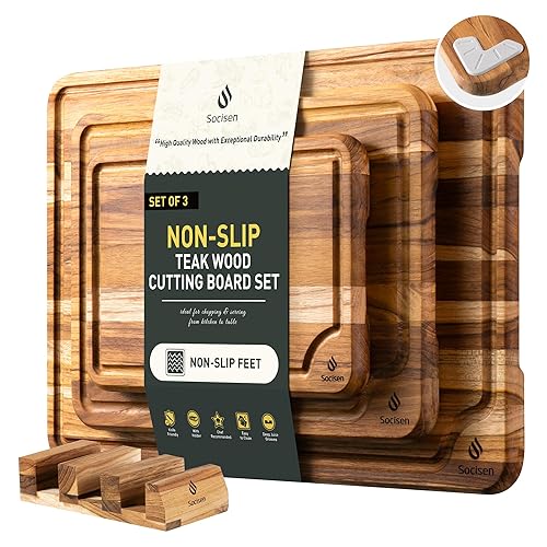 3 Pack Teak Wood Cutting Board Set for Kitchen Charcuterie