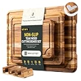 3 Pack Teak Wood Cutting Board Set for Kitchen Charcuterie Board Serving Heavy Duty Non Toxic Slip Over Sink Solid Thick Haus Wooden Chopping Board Large Big Small Meat Best Kitchen Essential Gift