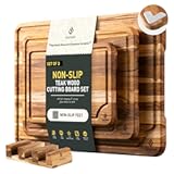 3 Pack Teak Wood Cutting Board Set for Kitchen Charcuterie Board Serving Heavy Duty Non Toxic Slip Over Sink Solid Thick Haus Wooden Chopping Board Large Big Small Meat Best Kitchen Essential Gift