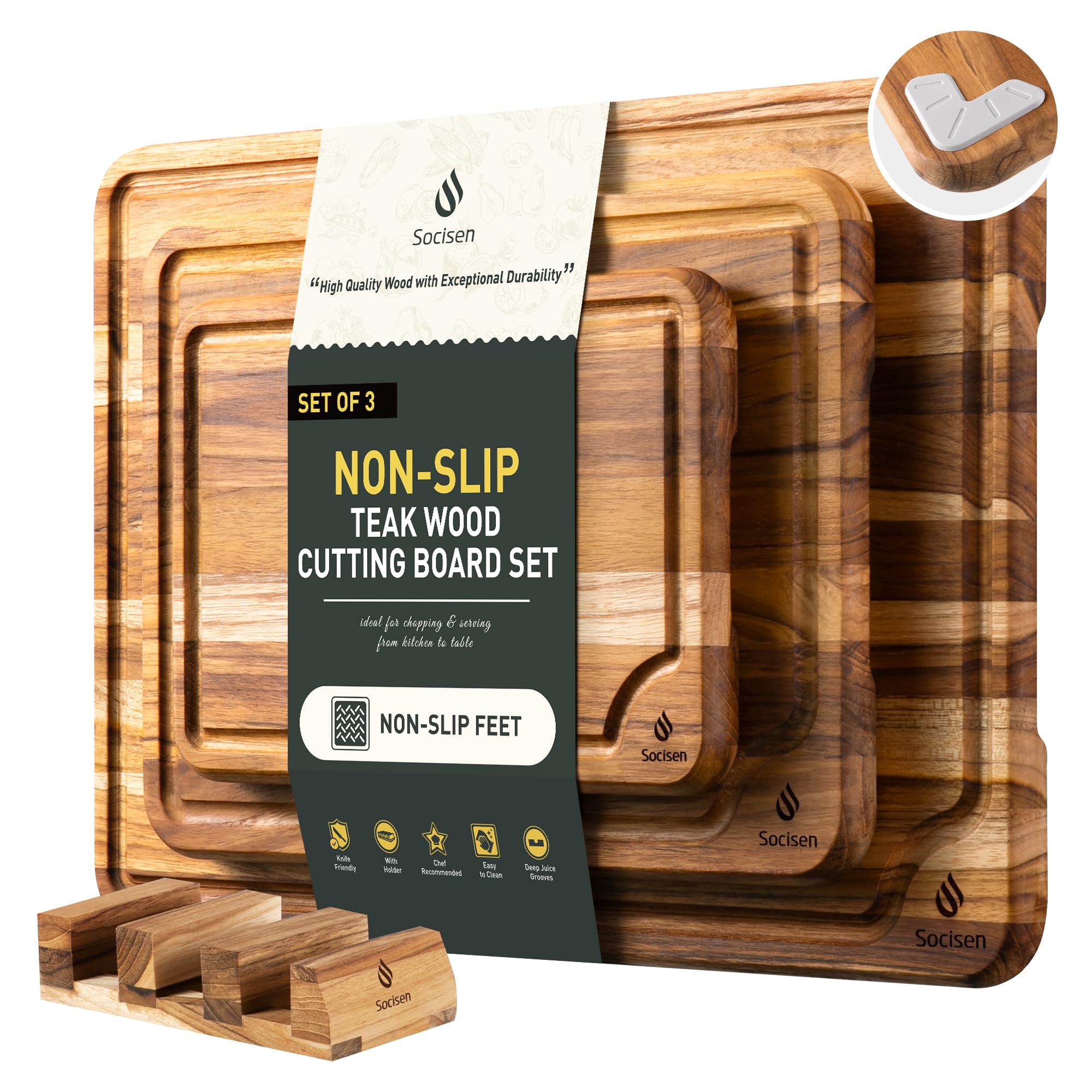 Photo 1 of 3 Pack Teak Wood Cutting Board Set for Kitchen Charcuterie Board Serving Heavy Duty Non Toxic Slip Over Sink Solid Thick Haus Wooden Chopping Board Large Big Small Meat Best Kitchen Essential Gift