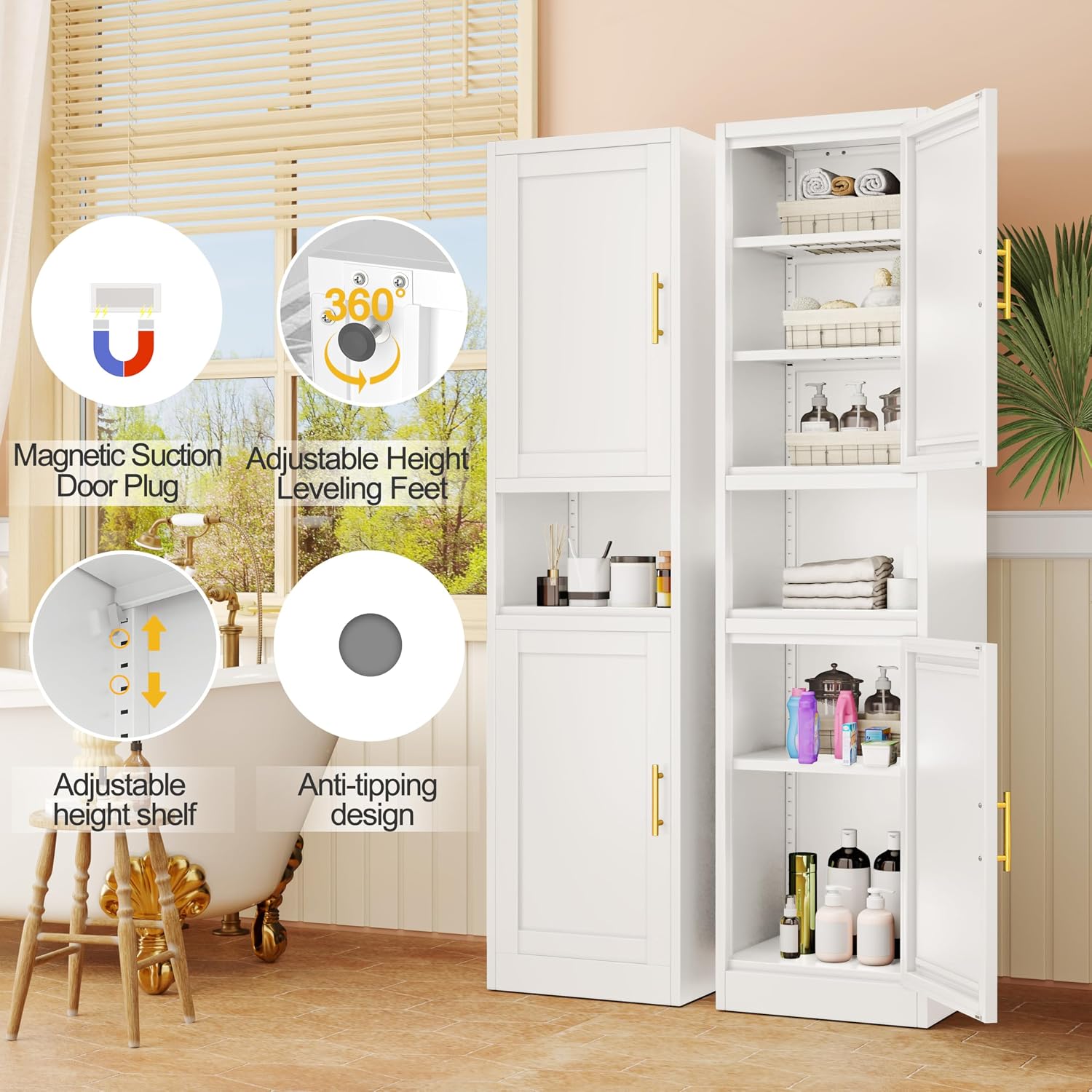 GAIOUS 66.93" Tall Bathroom Storage Cabinet, Metal Storage Cabinet with 2 Doors & Shelves, Small Space Freestanding Steel Bathroom Organizer with Open Countertop for Kitchen Living Room, White